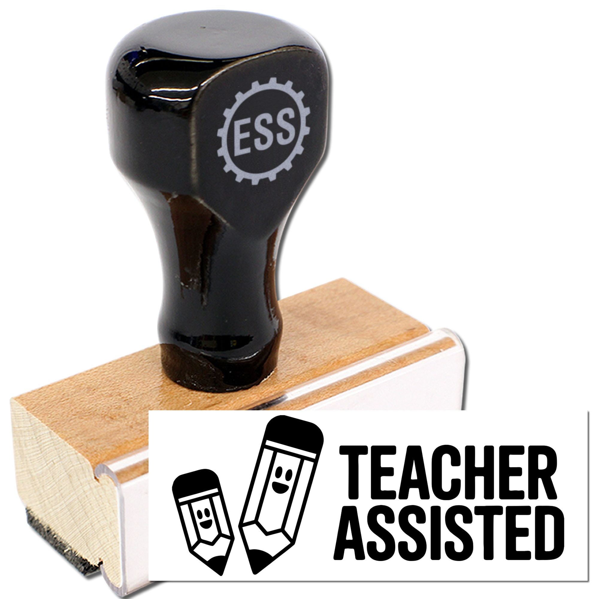 Black ESS gear logo stamp and seal on a wooden block, with Teacher Assisted label