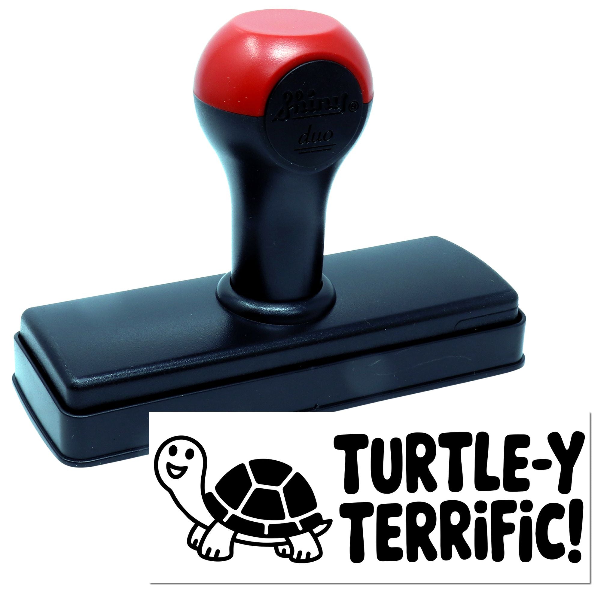Red and black self-inking stamp and seal with Turtle-y Terrific turtle graphic and bold black text.