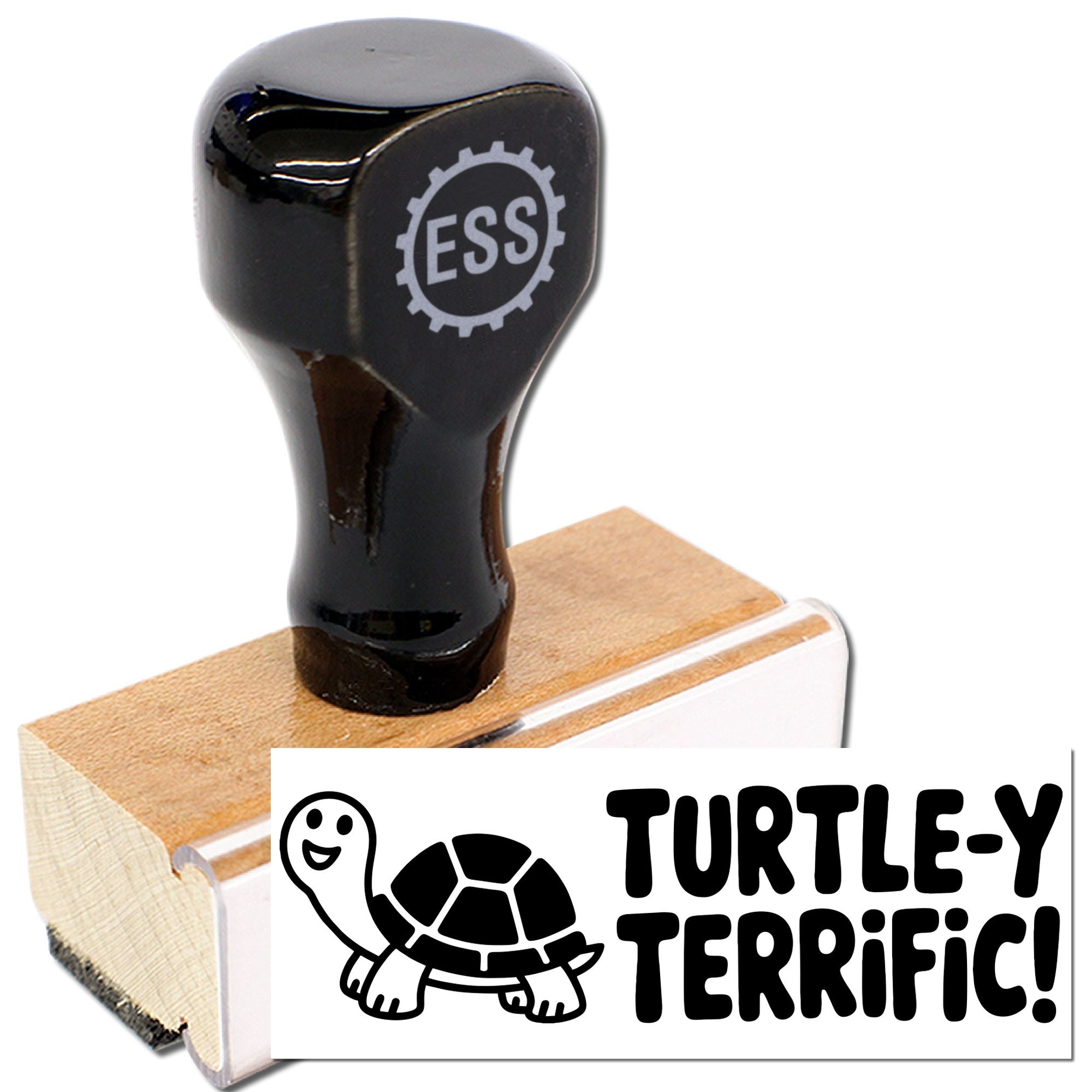 Black self-inking stamp and seal with ESS logo, wooden base, and turtle-themed Turtley Terrific! impression.