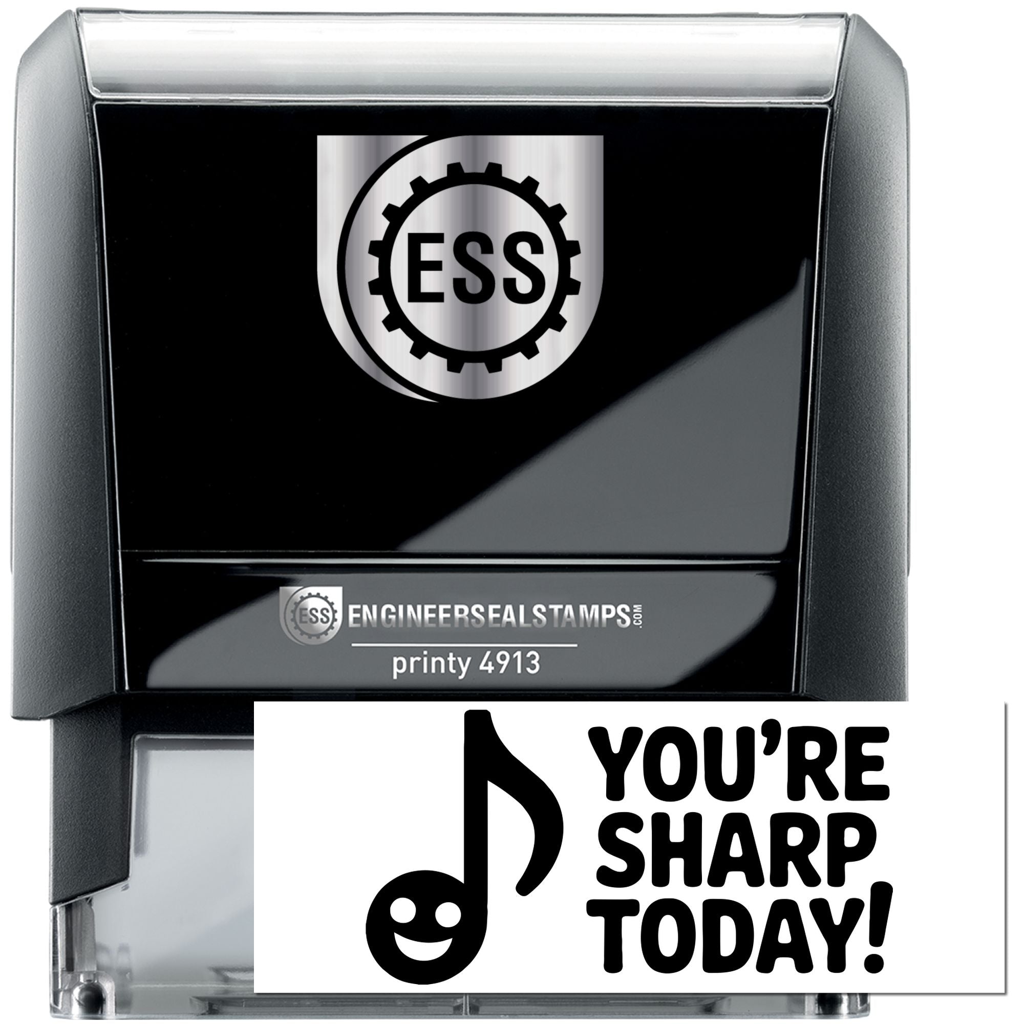 Black and silver self-inking engineer seal stamp with ESS logo, clear case, and bold YOURE SHARP TODAY! imprint.