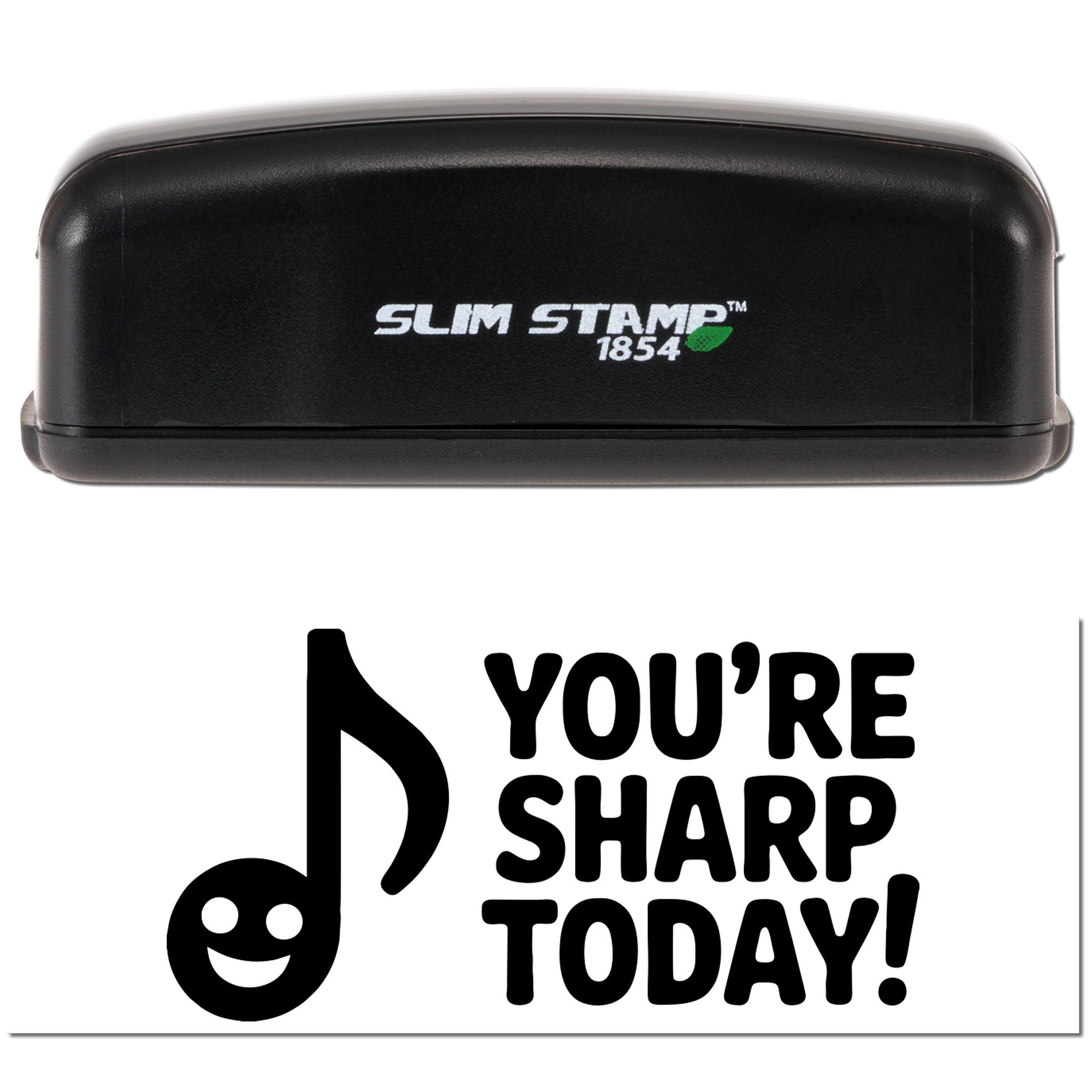 Black Slim Stamp 1854 self-inking stamp and seal with white logo and green leaf, above white Youre Sharp Today! card.