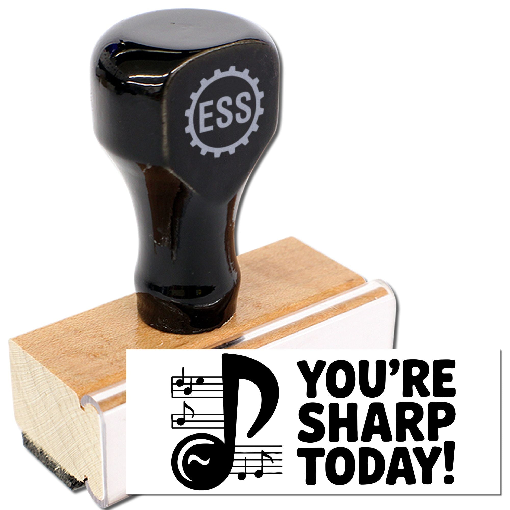 Black ESS custom rubber stamp seal on a wooden base, with white music-note design and Youre sharp today! text.