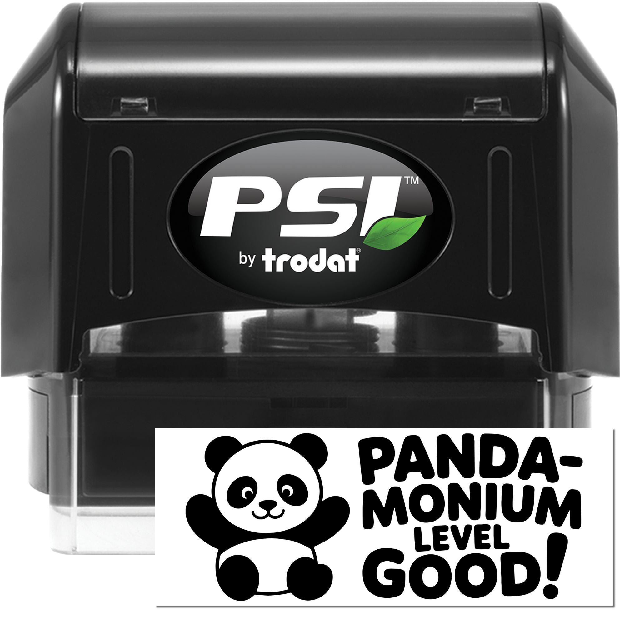 Black PSI by Trodat self-inking stamp and panda seal, with white label and green leaf logo on a black case.
