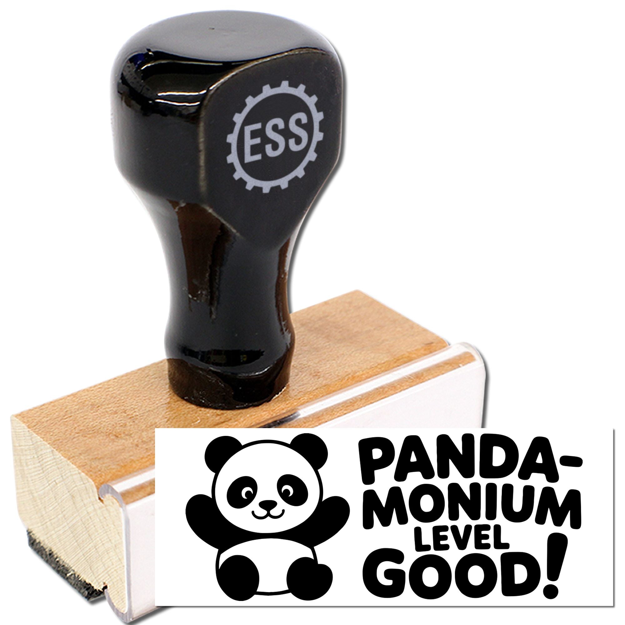 Black ESS stamp handle on wooden base beside panda seal reading PANDA-MONIUM LEVEL GOOD!