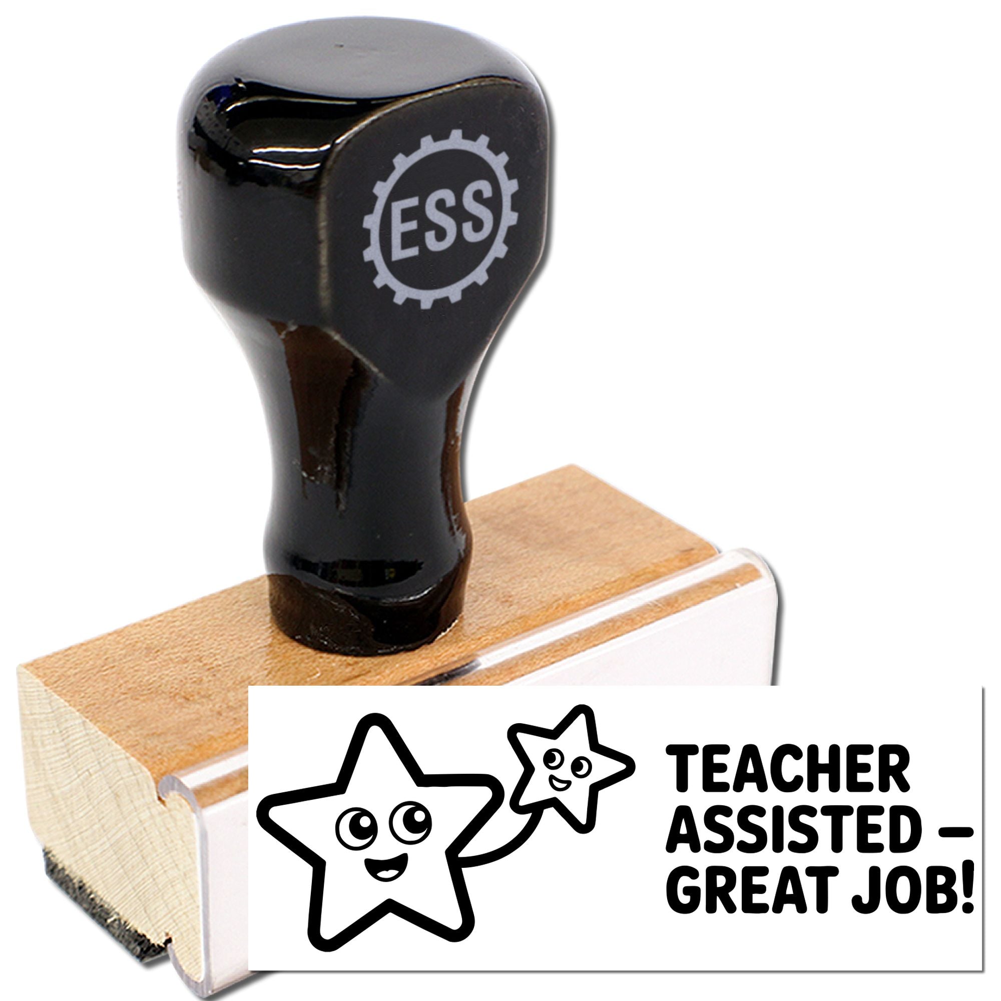 Black ESS rubber stamp and seal on wooden block, with star mascot and Teacher Assisted - Great Job! text.