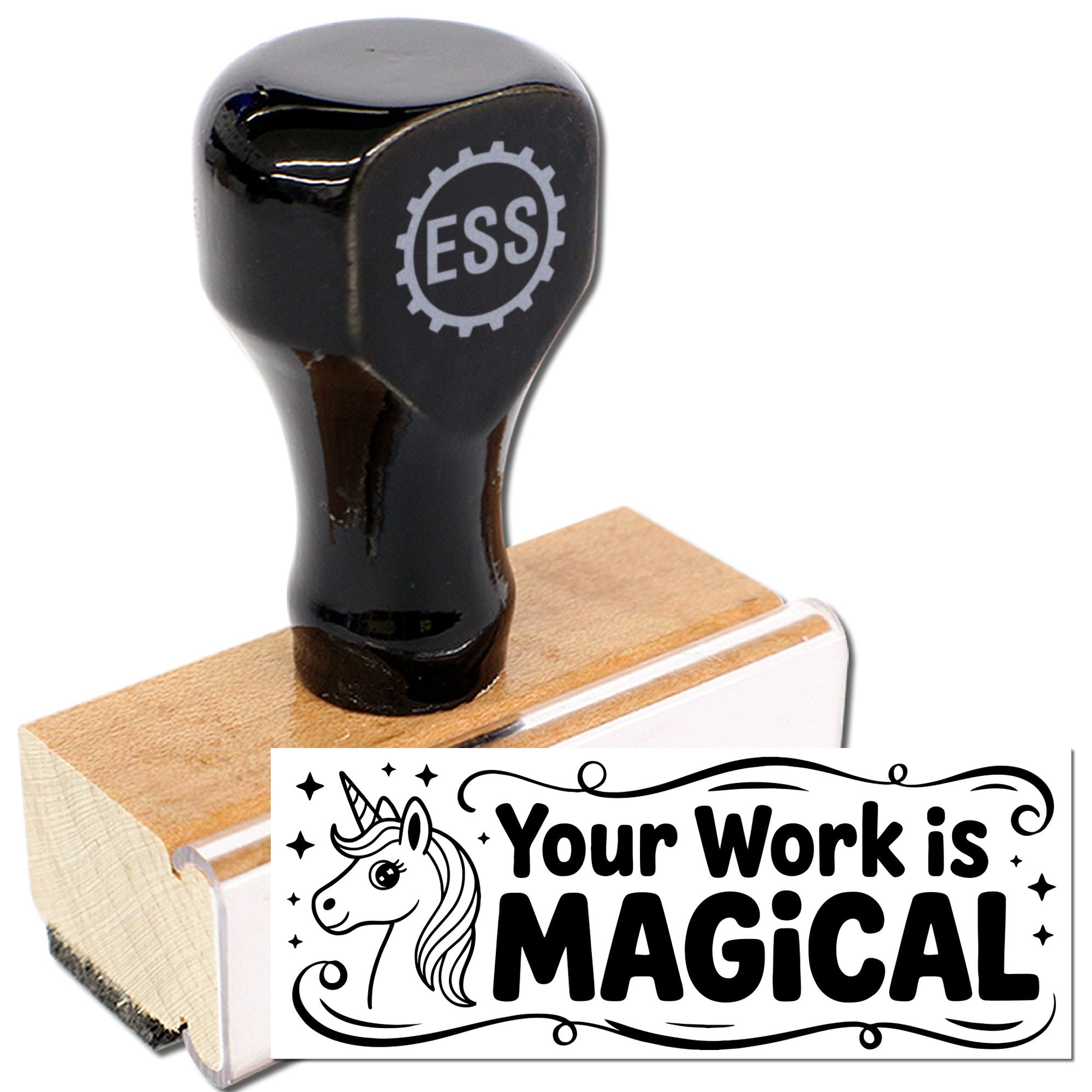 Black rubber stamp and wooden seal with ESS logo, showing a unicorn design and Your Work is MAGICAL text.