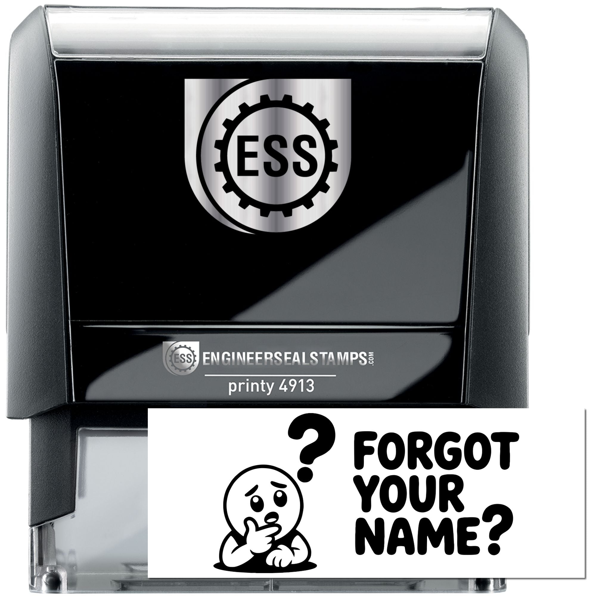 Black and silver self-inking engineer seal stamp with ESS logo and sample Forgot your name? imprint.