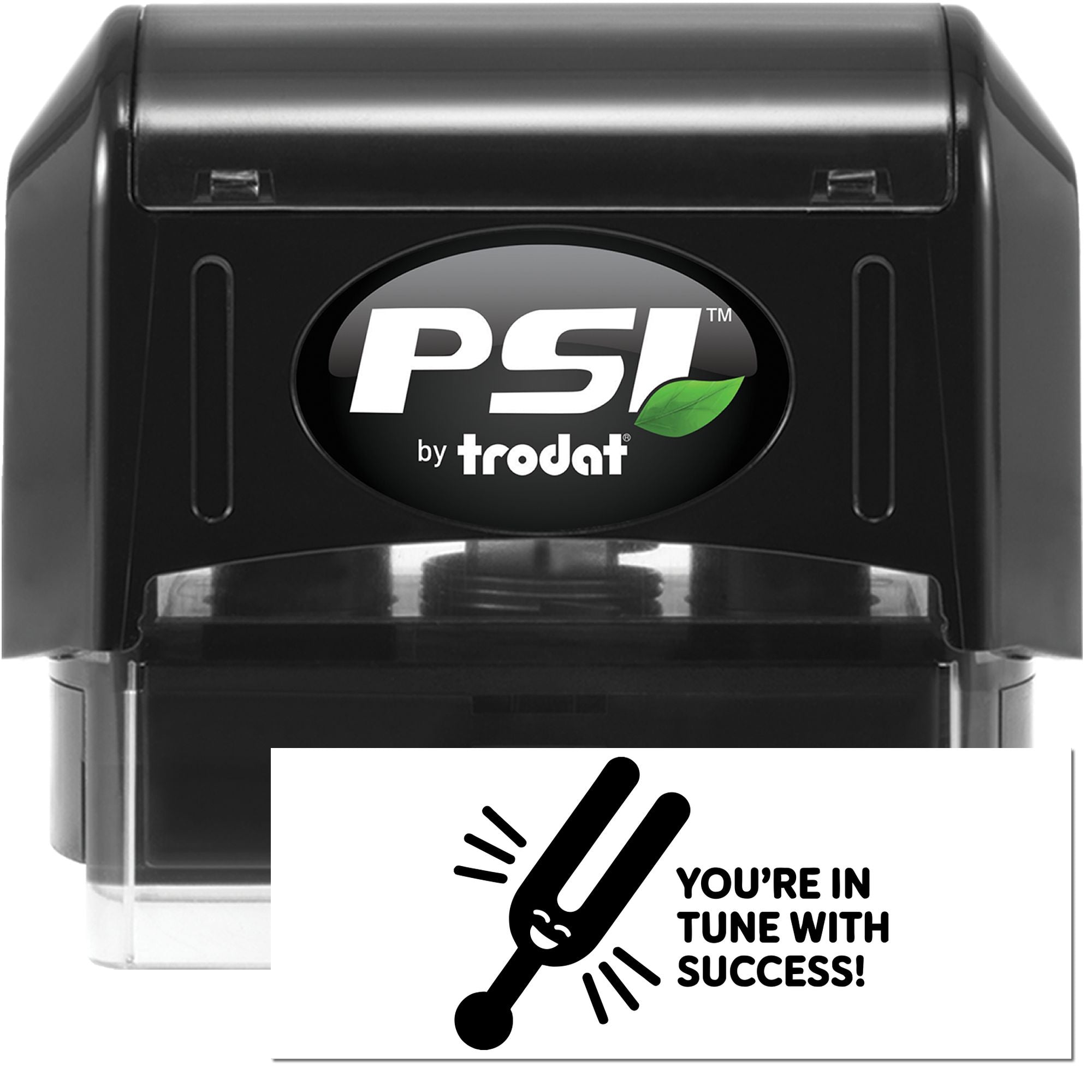 Black PSI by Trodat self-inking stamp and seal set with white logo, green leaf accent, and sample seal card.