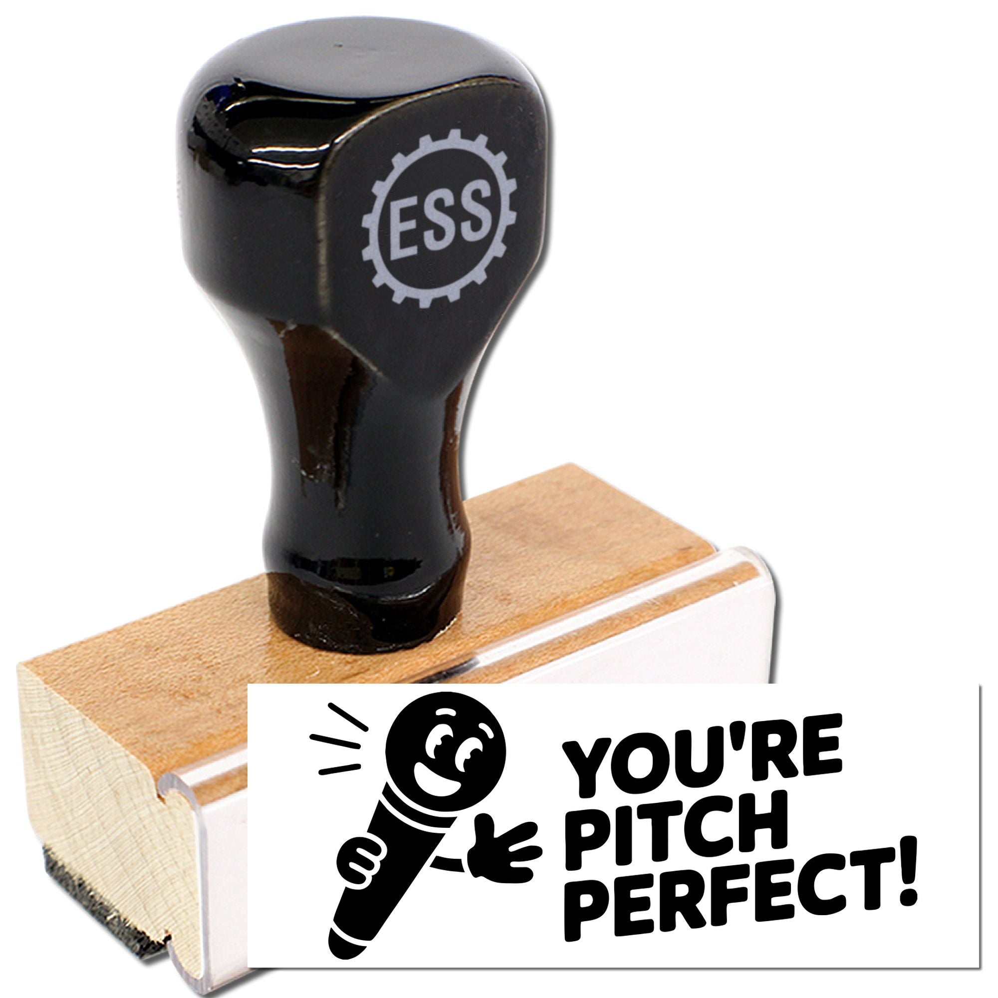 Black custom stamp and seal on wooden base, with ESS gear logo and bold YOURE PITCH PERFECT! imprint.