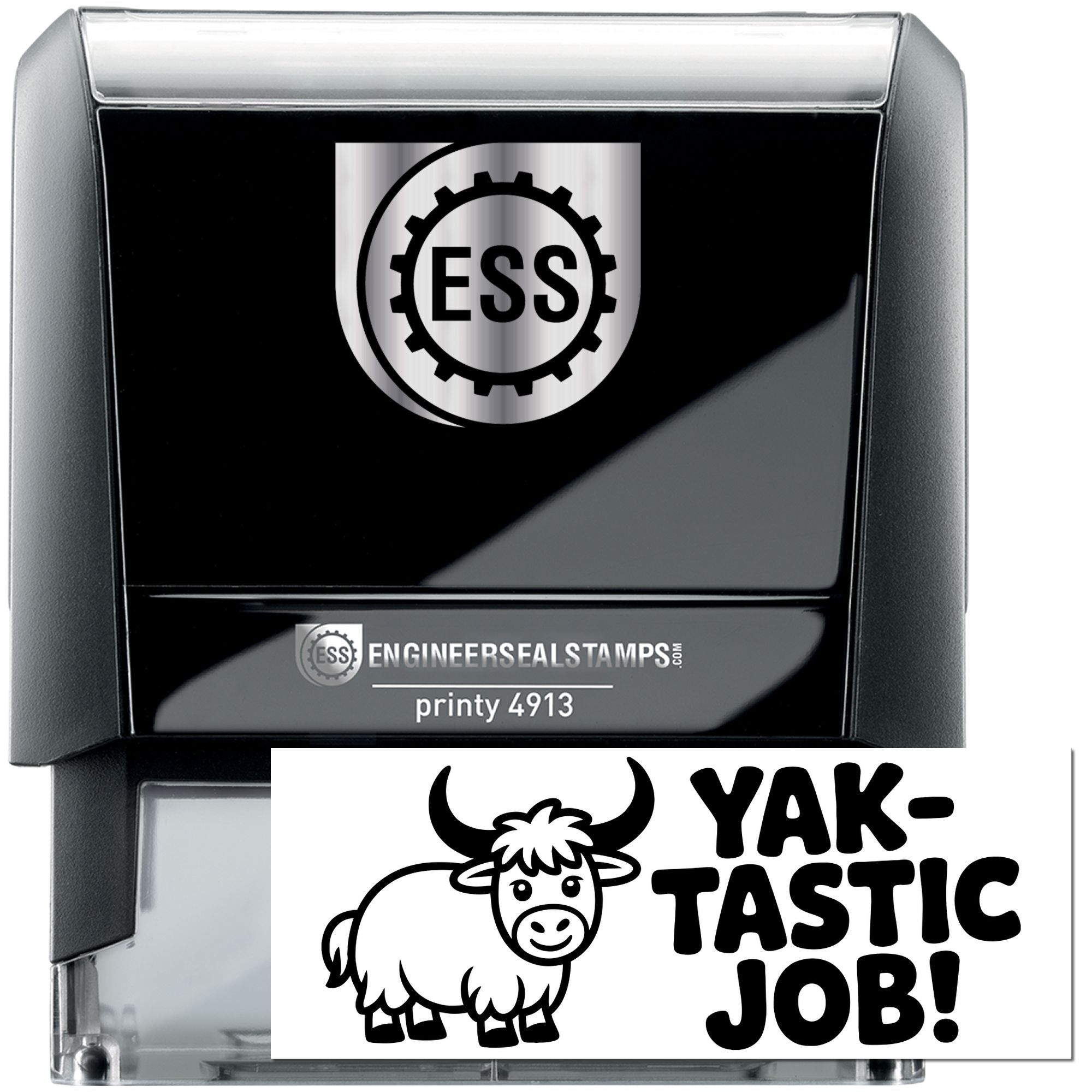 Black self-inking engineer seal stamp with silver ESS logo and white YAK-TASTIC JOB! cow design.