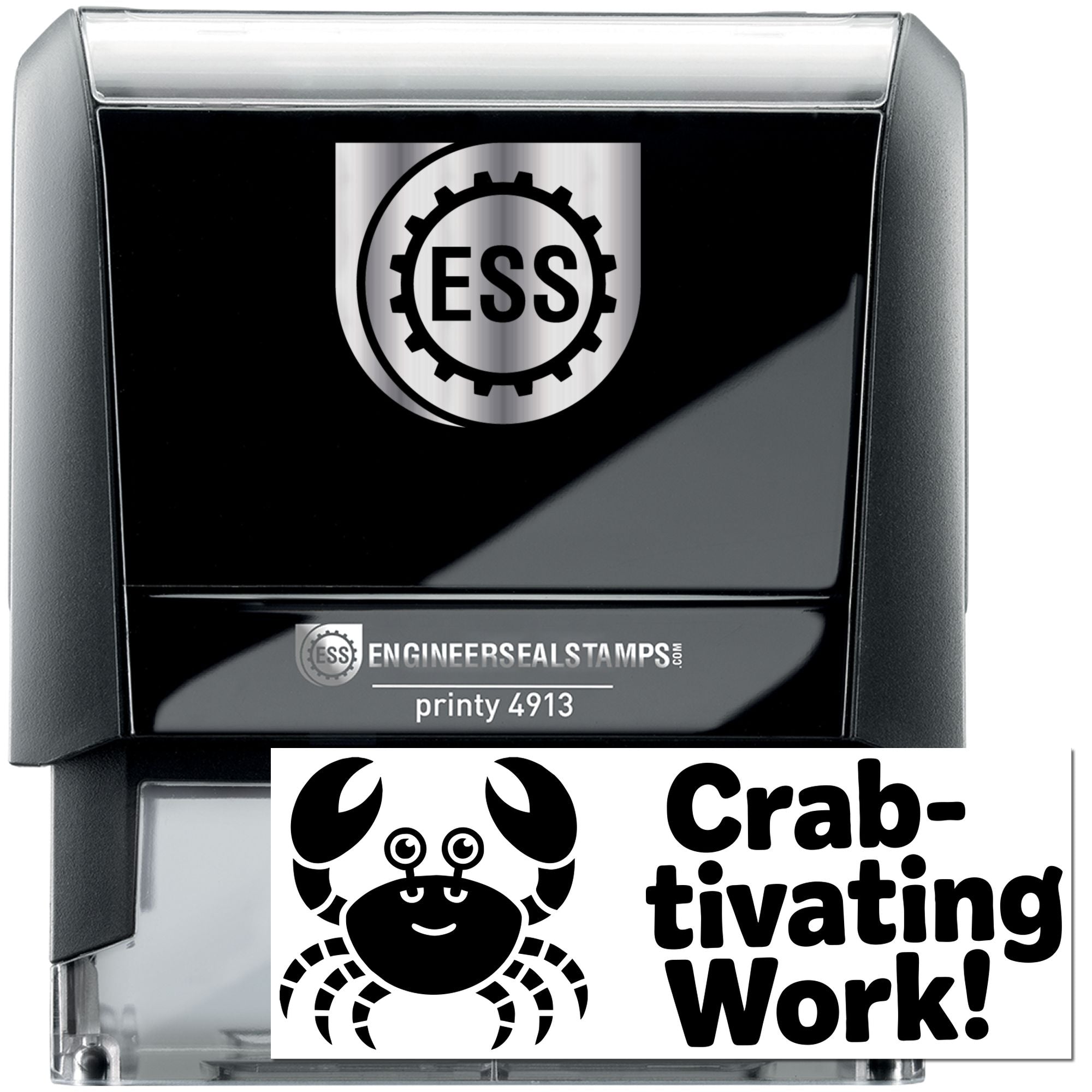 Black and silver ESS engineer seal stamp, Printy 4913 self-inking stamper with crab-crafting design and custom seal branding.