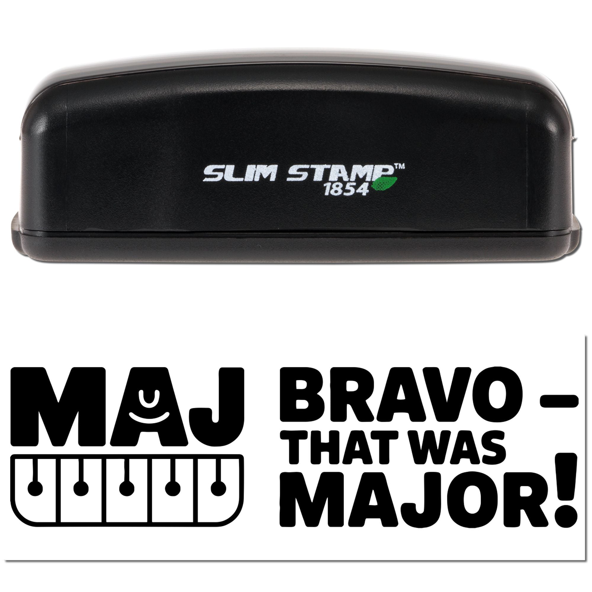 Black Slim Stamp 1854 stamp case with MAJ BRAVO logo and bold black seal text on white background.