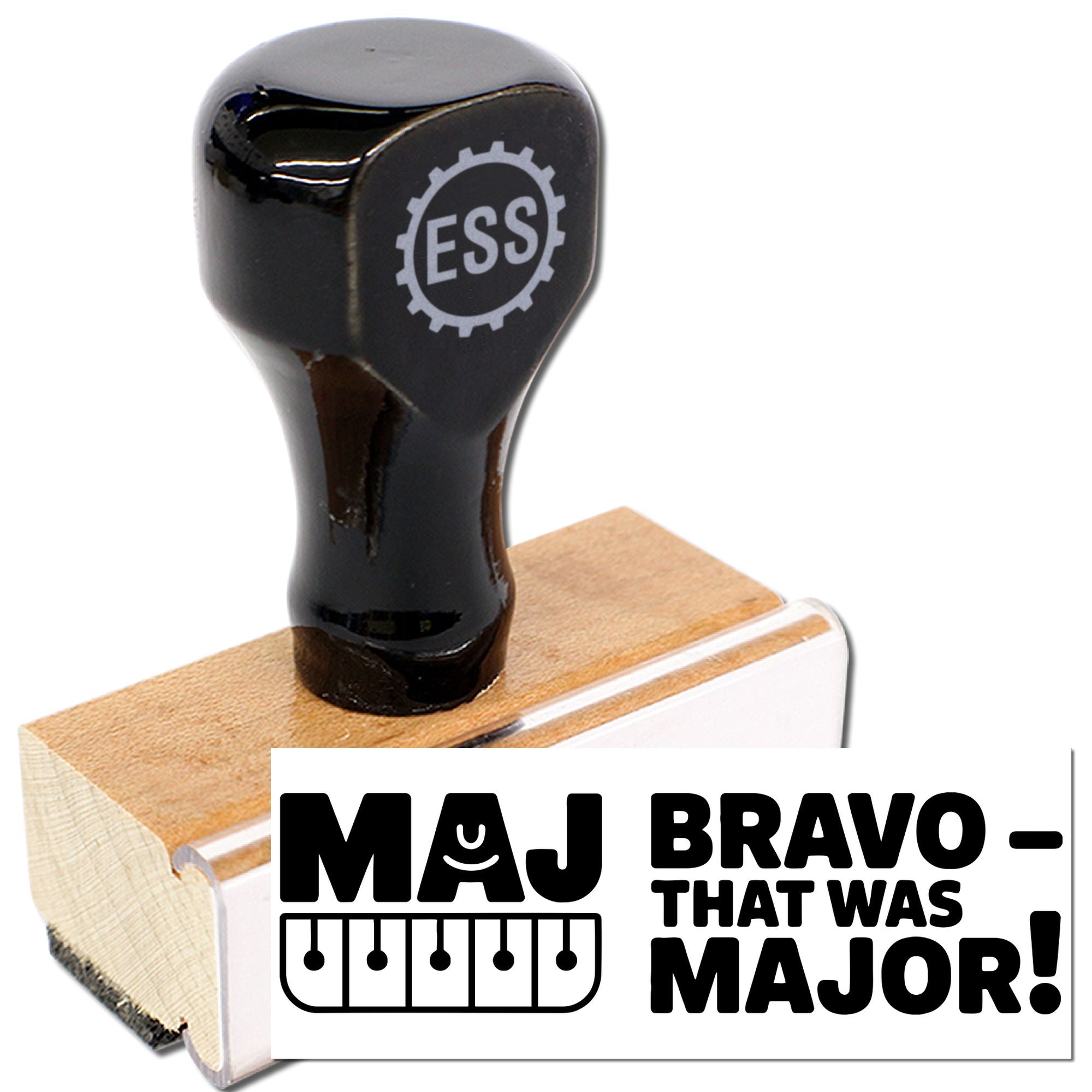 Black rubber stamp seal with wood handle and bold white Maj Bravo That Was Major text.