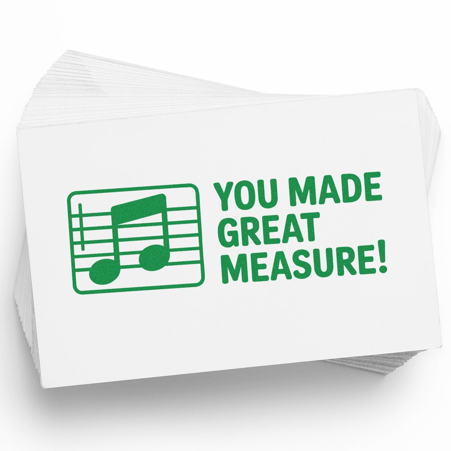 Green music-note stamp seal on white cards with You Made Great Measure! text.