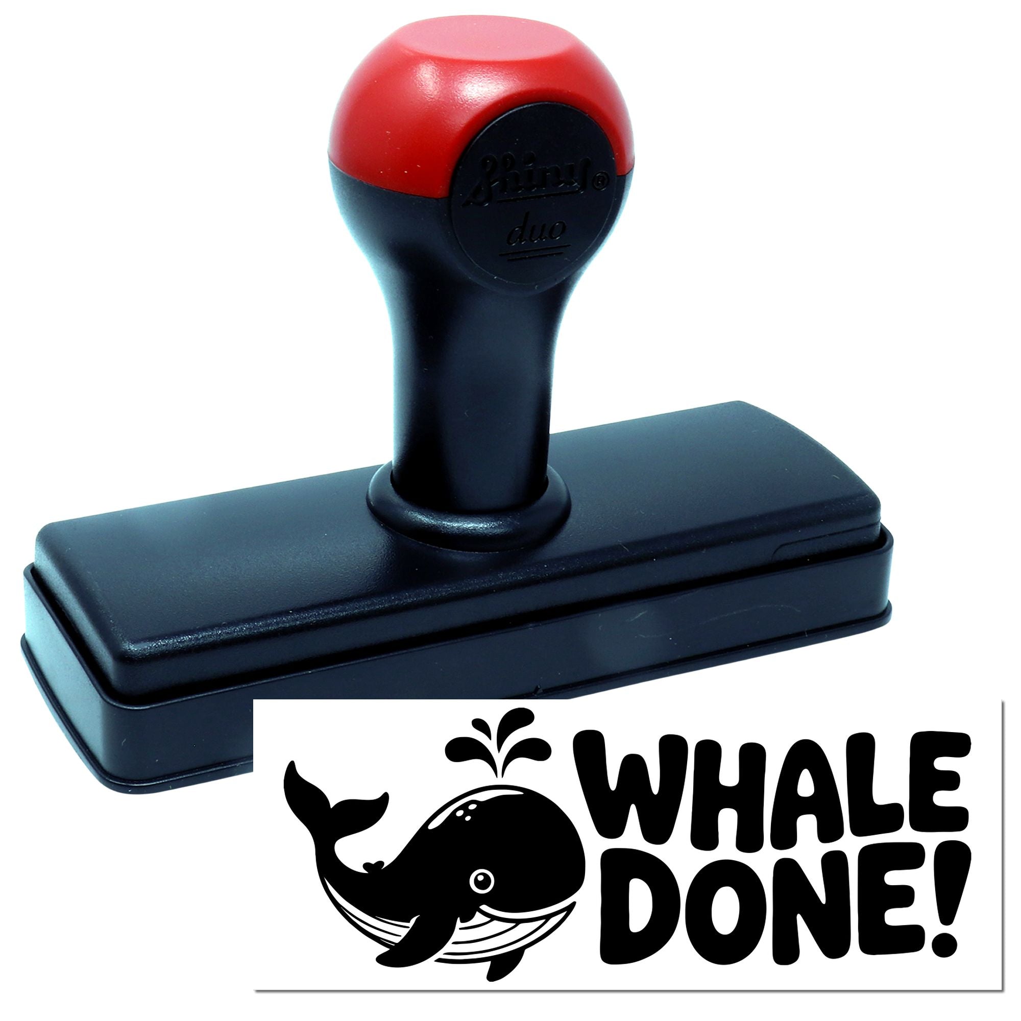 Red and black self-inking stamp with whale seal design and Whale Done! text on white background