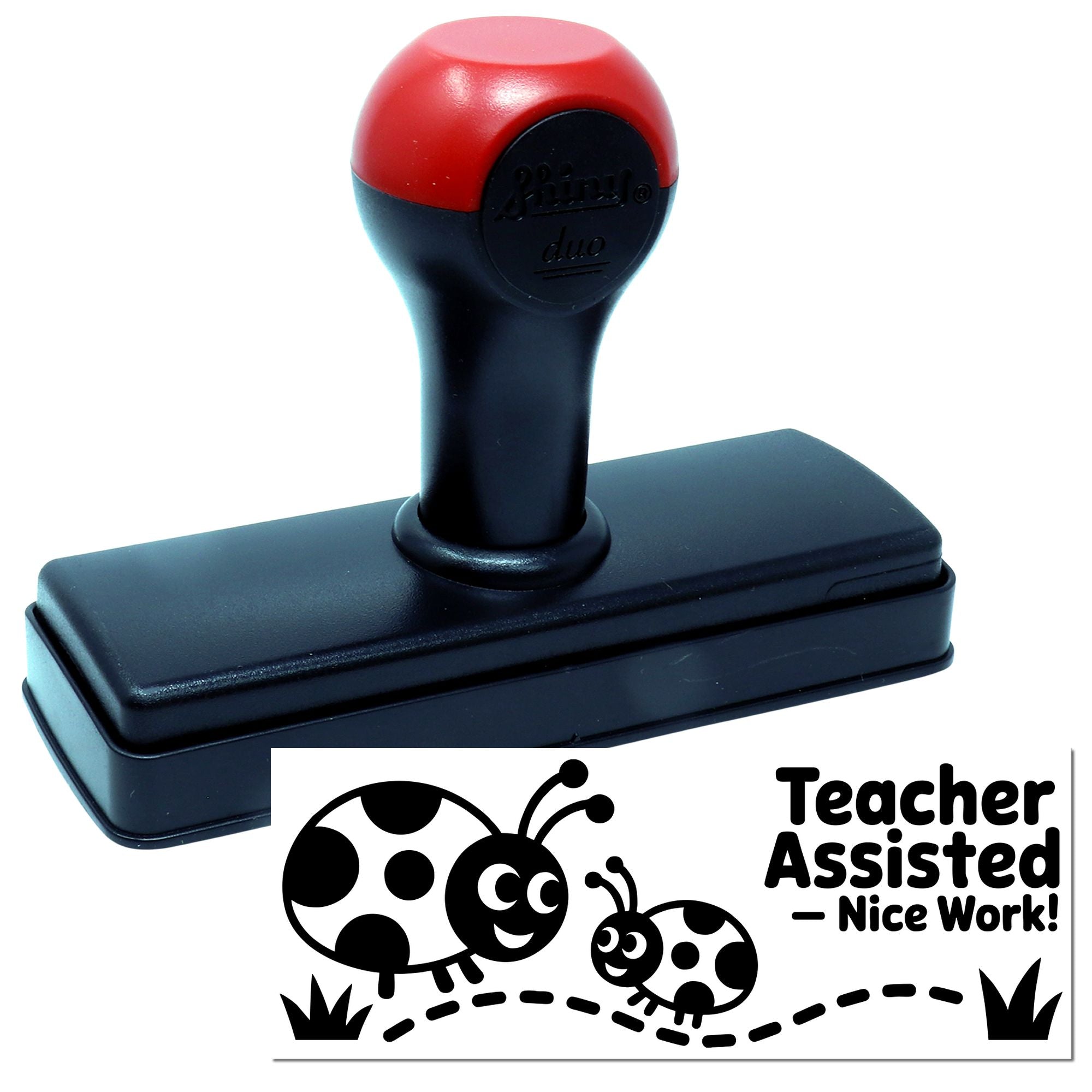 Red and black self-inking teacher stamp with ladybug seal and Teacher Assisted Nice Work! text.