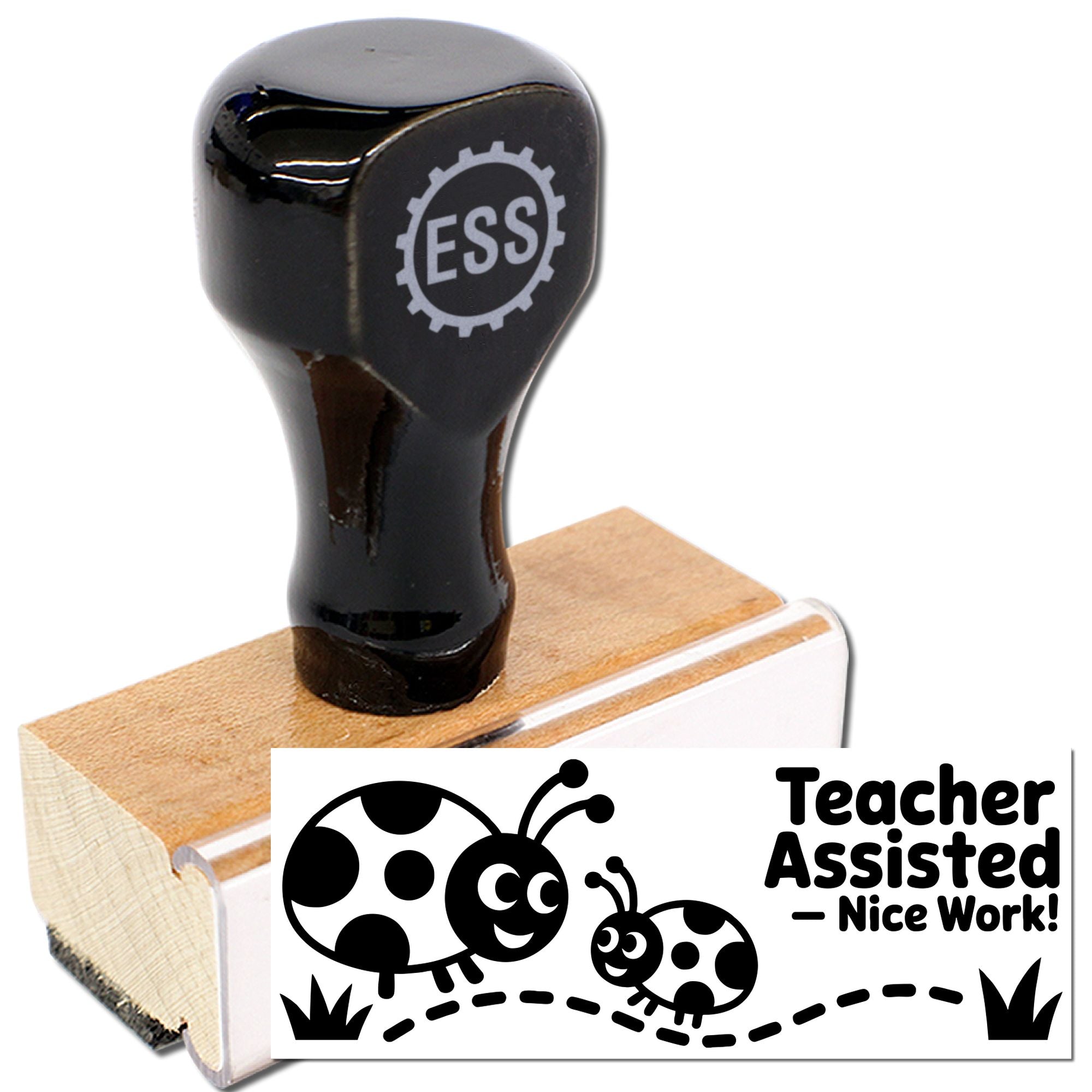 Black rubber stamp and wooden seal block with Teacher Assisted Nice Work! ladybug design