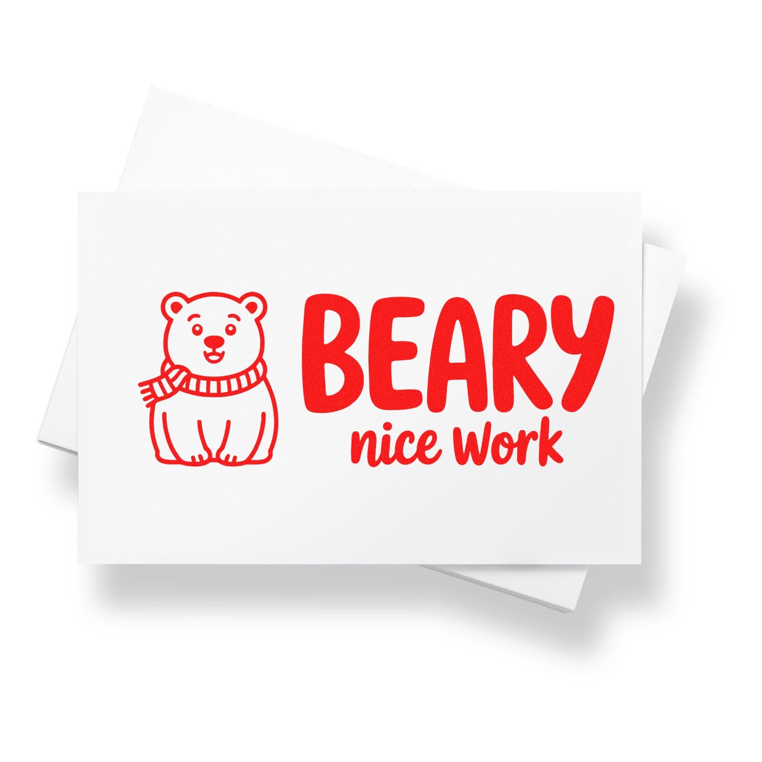 Red bear BEARY nice work stamp and seal design on white cards, featuring bold red text and a cute scarfed bear.