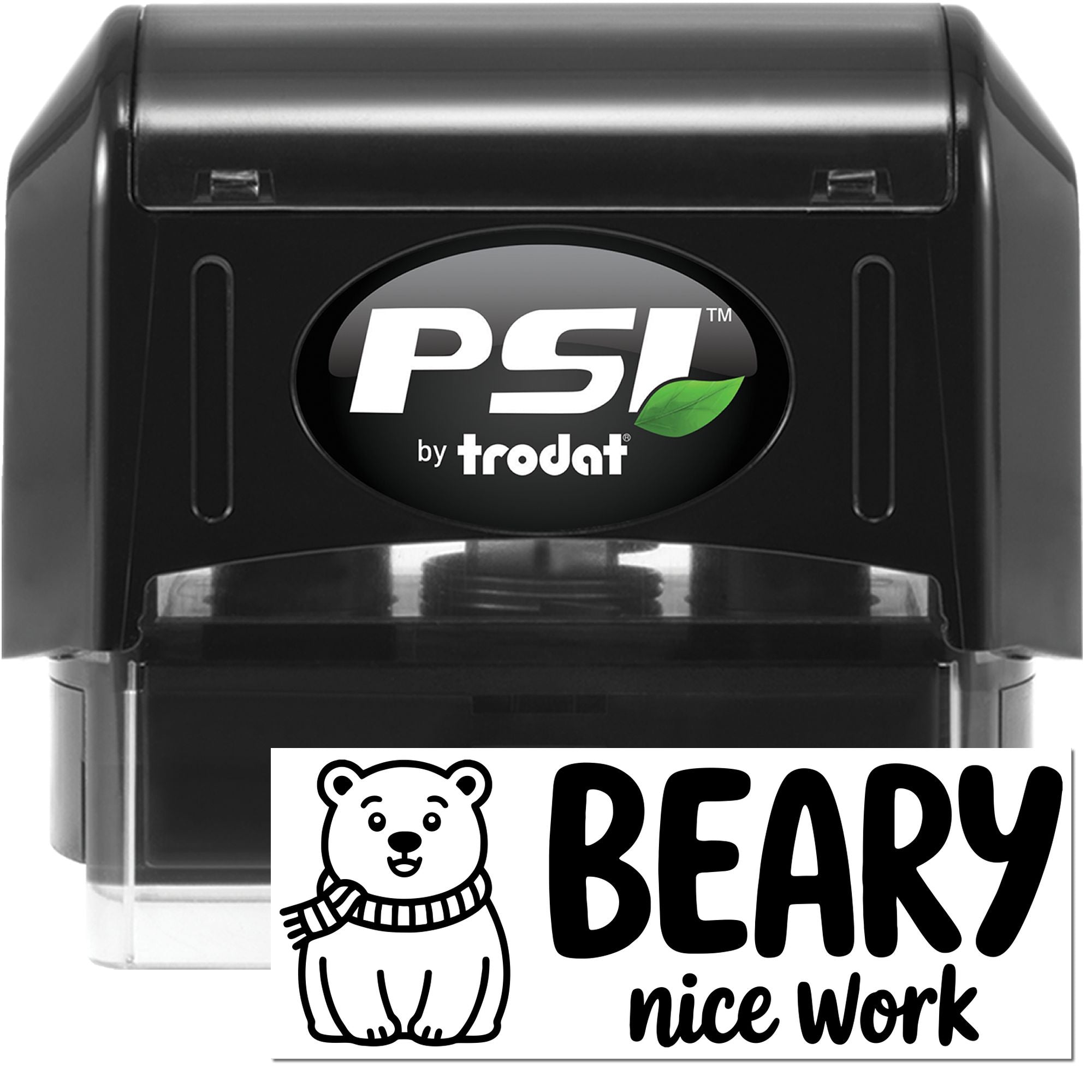 Black PSI by Trodat self-inking stamp and seal with bear design and BEARY nice work text on white background.