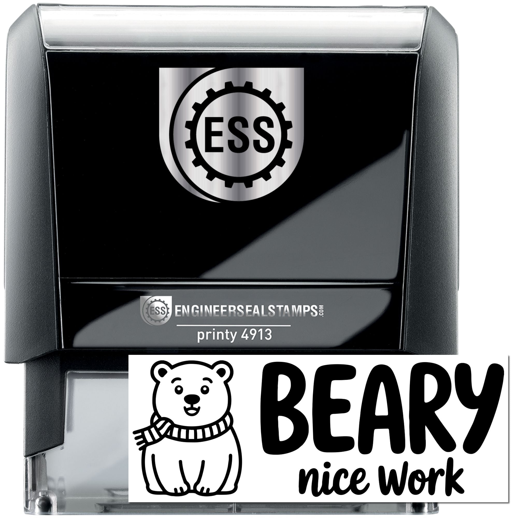Black self-inking stamp and seal set with silver accents, ESS logo, and bear BEARY nice work design.