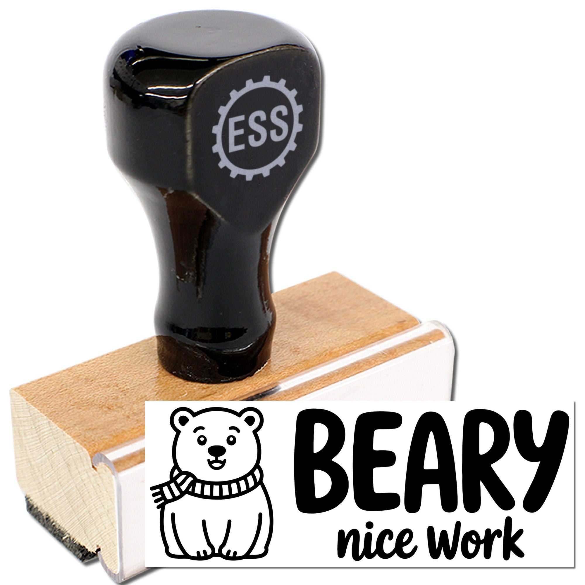 Black self-inking stamp and seal with bear design and BEARY nice work text on a wooden mount.