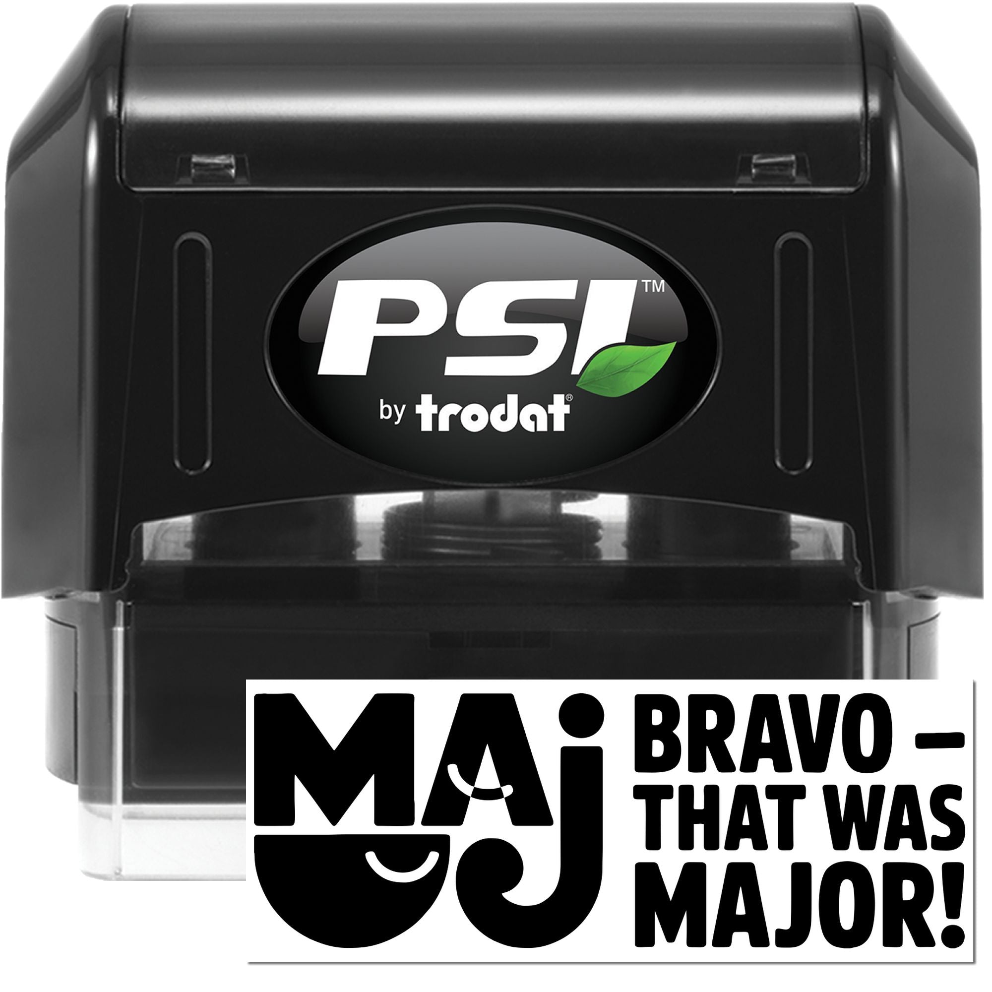 Black PSI by Trodat self-inking stamp and seal with white logo, green leaf accent, and bold black text