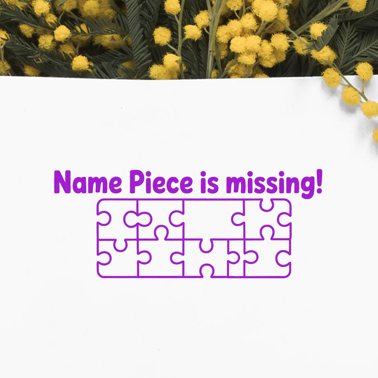 Purple stamp and seal design on white card with puzzle outline and yellow flowers, reading Name Piece is missing!
