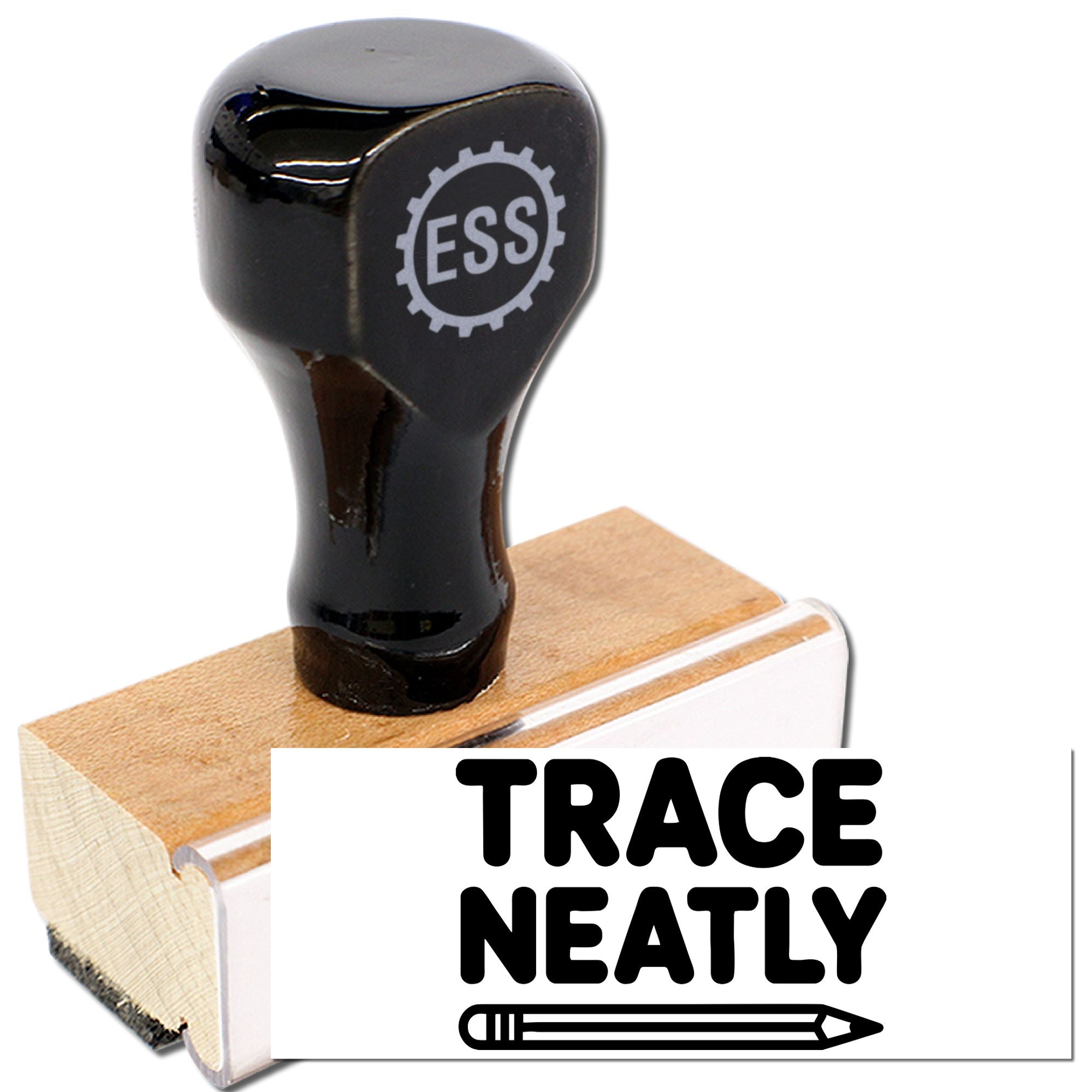 Black ESS stamp and seal with wooden base and clear acrylic block, plus TRACE NEATLY text.