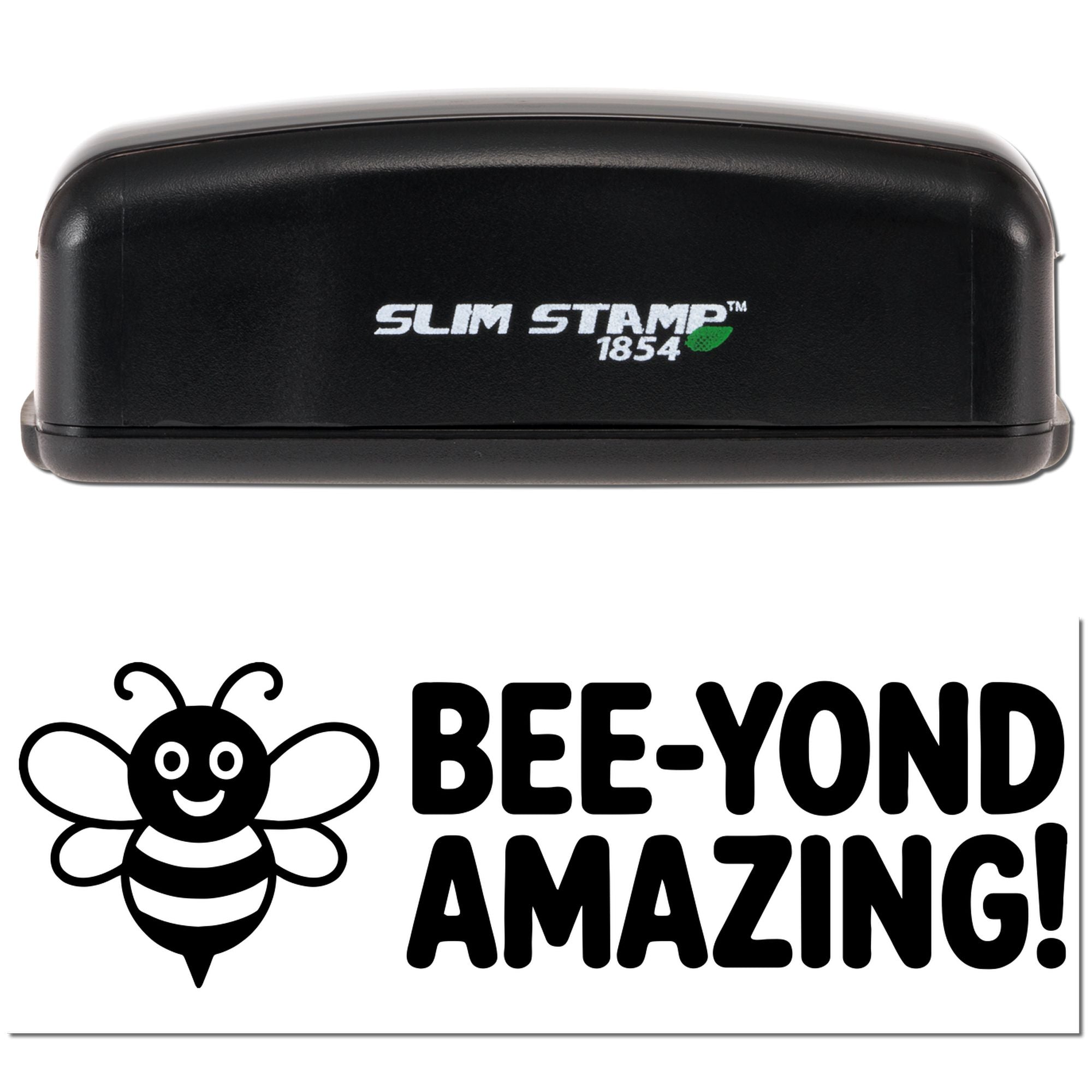 Black Slim Stamp 1854 embosser with Bee-Yond Amazing bee logo on white background.