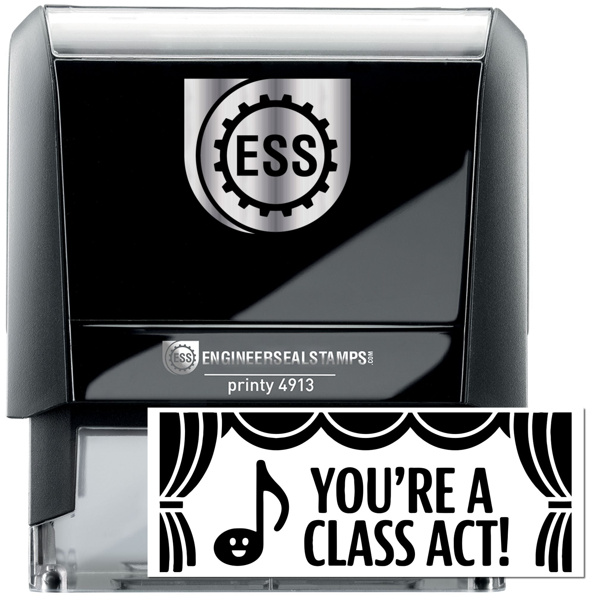 Black self-inking stamp and seal with silver top, ESS gear logo, and Youre a class act! design