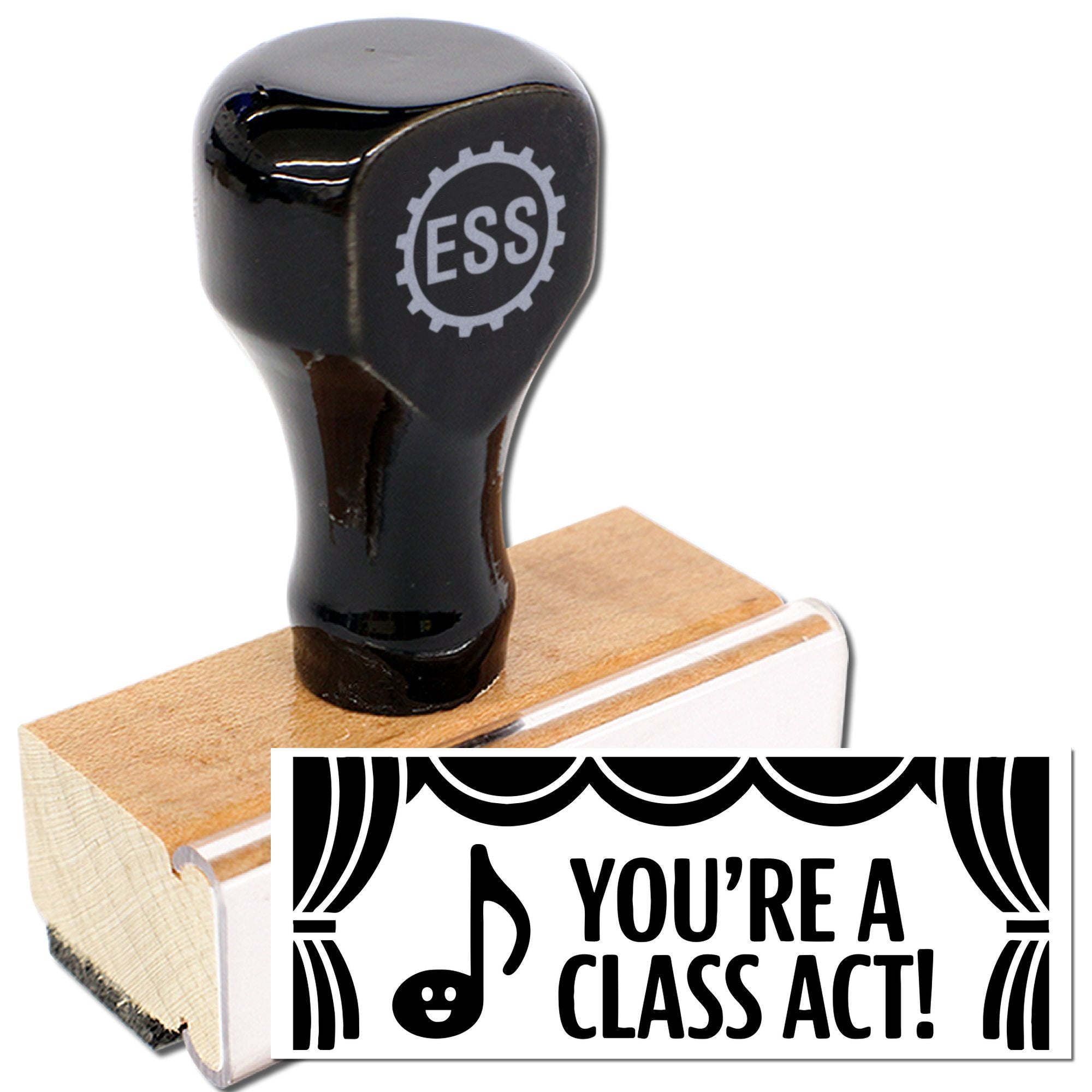 Black self-inking stamp and wooden seal with Youre a class act! design, featuring black, white, and tan colors.