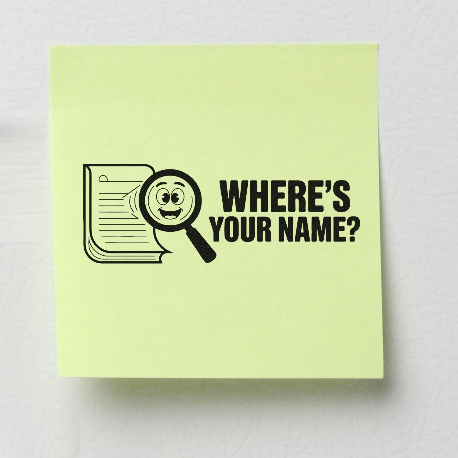 Lime green stamp and seal pad with black document and smiling magnifying glass graphic, reading Wheres your name?