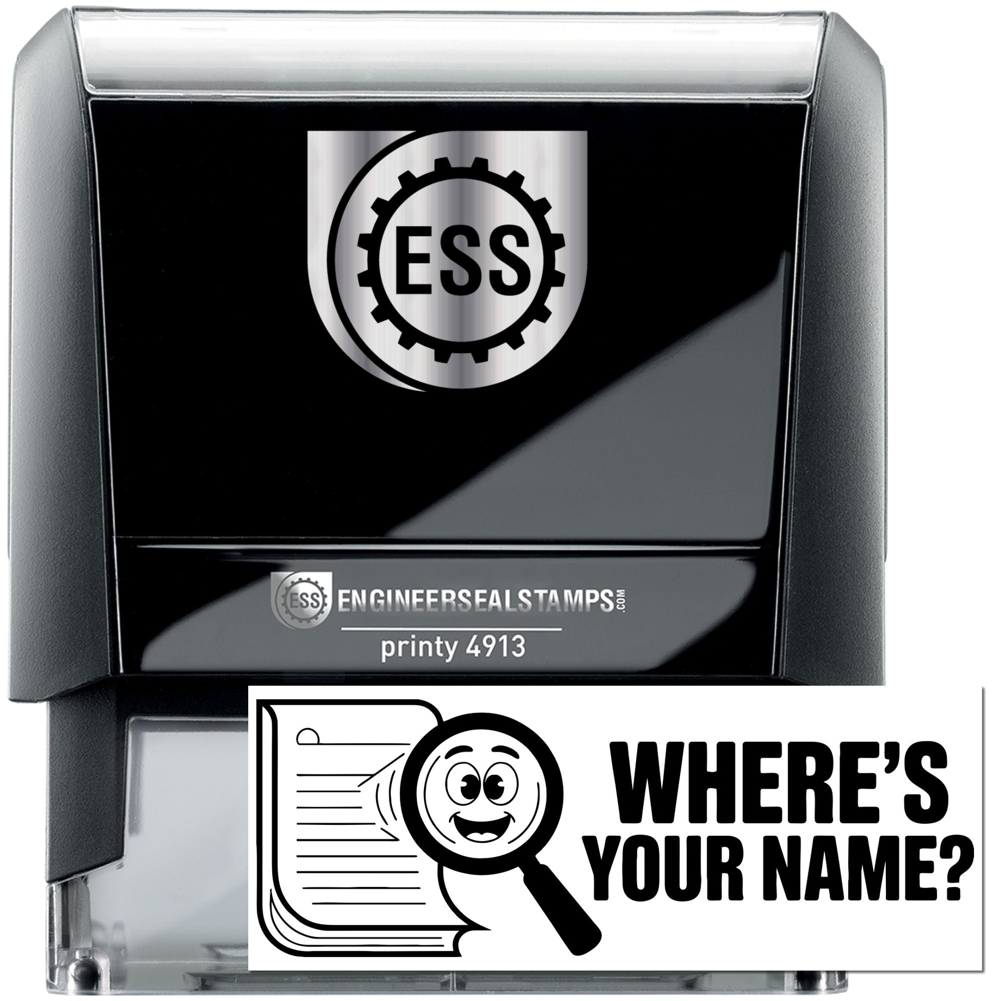 Black and silver ESS engineer seal self-inking stamp, Printy 4913, with gear logo and name graphic.