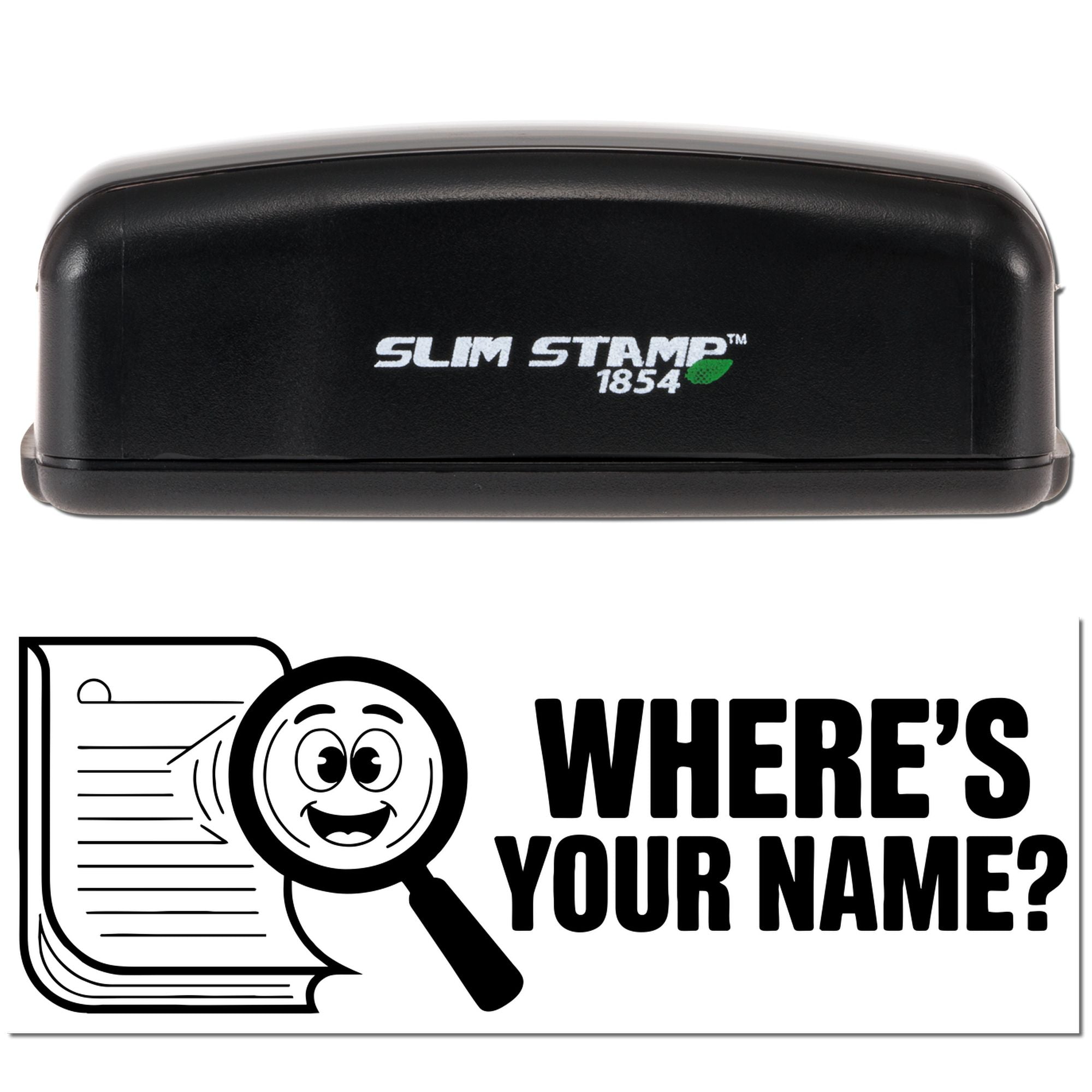 Black Slim Stamp 1854 self-inking stamp case with green leaf logo above a Wheres Your Name? stamp and seal graphic.
