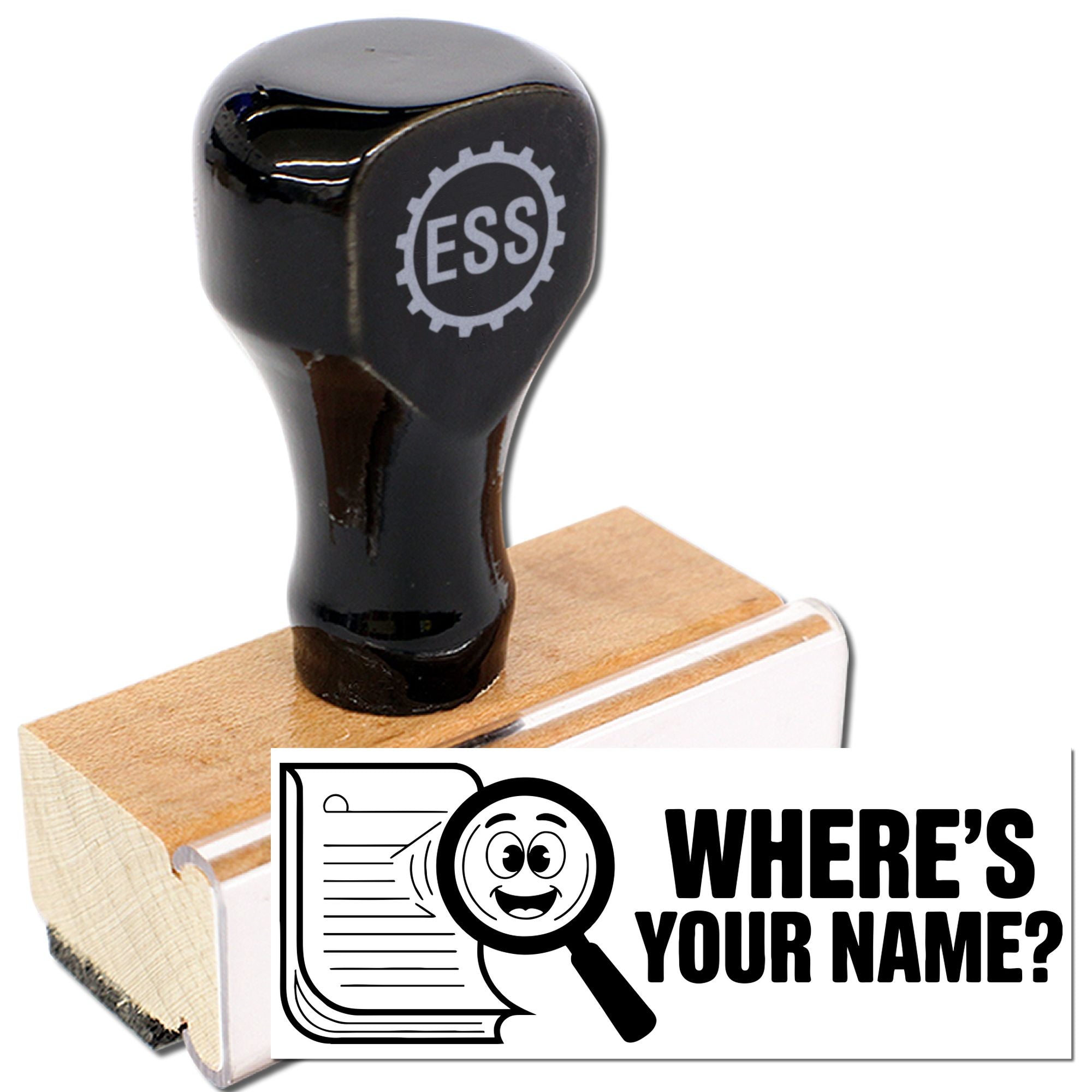 Black rubber stamp and seal on wooden base with clear acrylic handle, ESS logo, and white promo graphic.