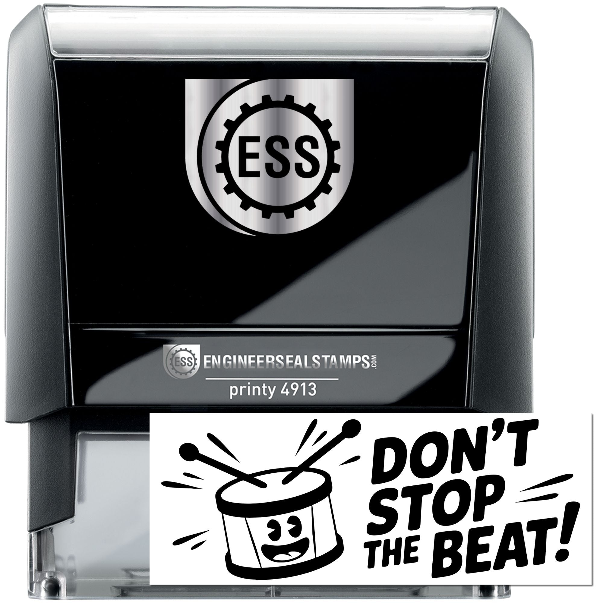 Black self-inking engineering seal stamp with silver ESS logo and Dont Stop the Beat! design