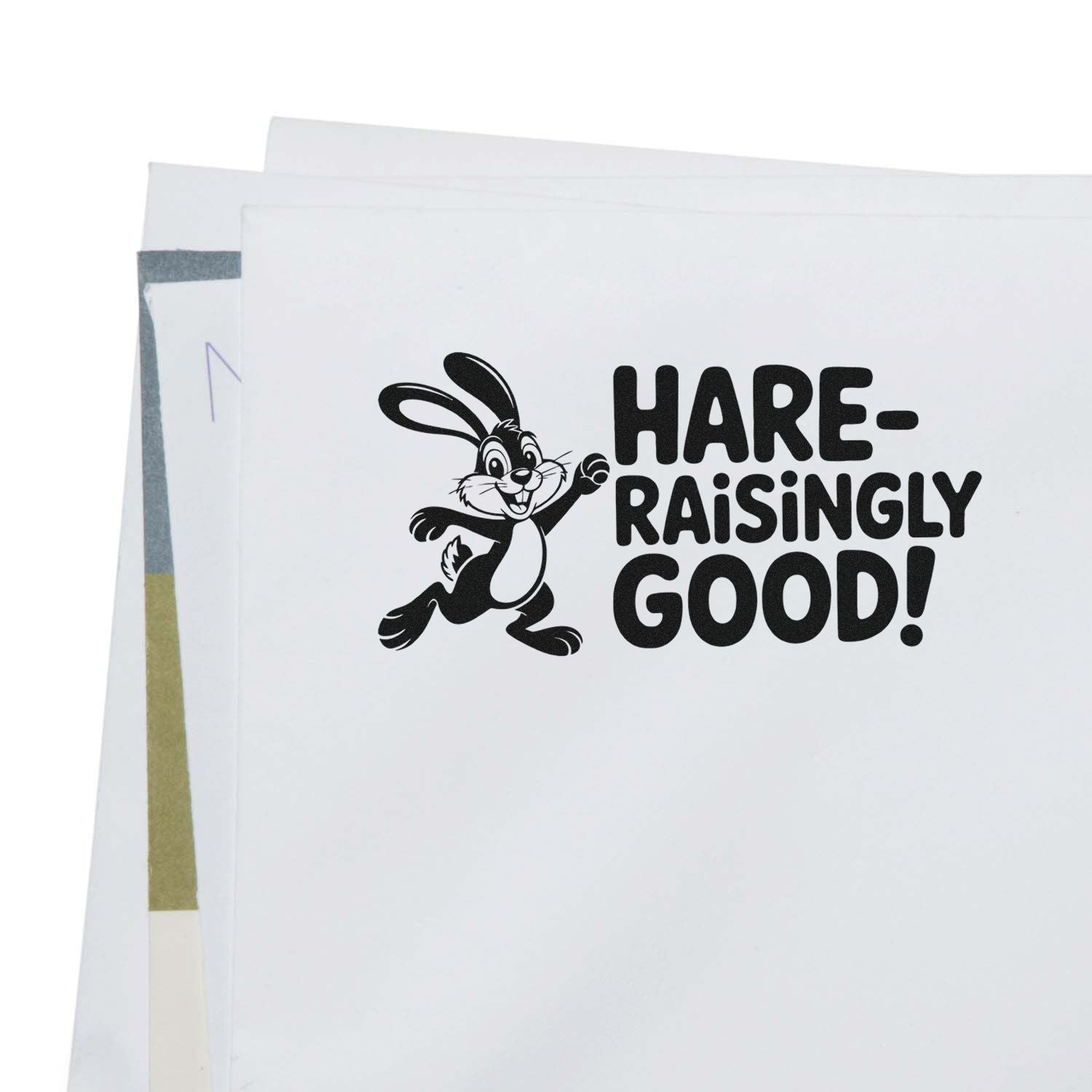 Black rabbit HARE-RAISINGLY GOOD! stamp on white seal product sheets with black lettering