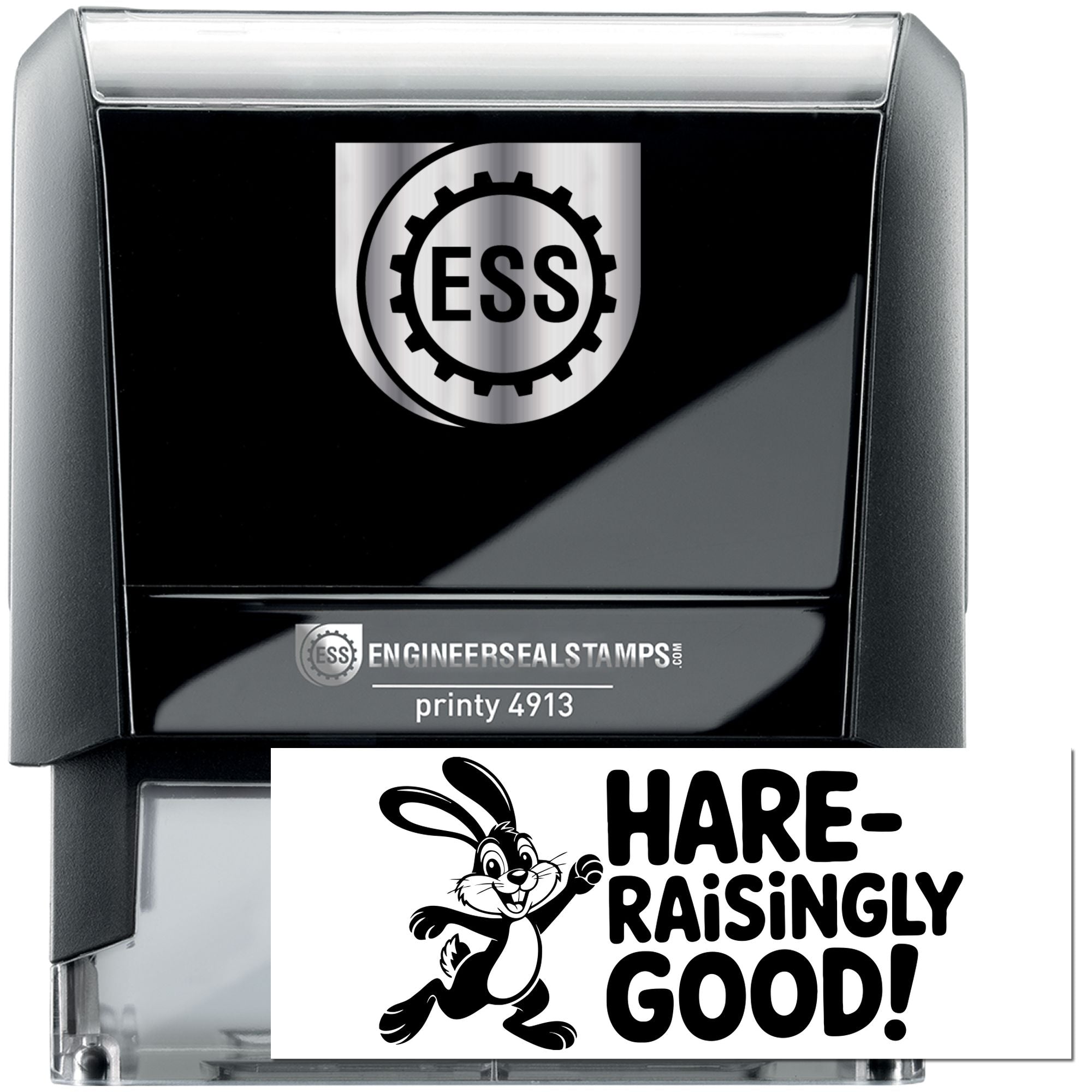 Black and silver ESS self-inking stamp and seal set with printy 4913, plus white hare seal reading HARE-RAISINGLY GOOD!