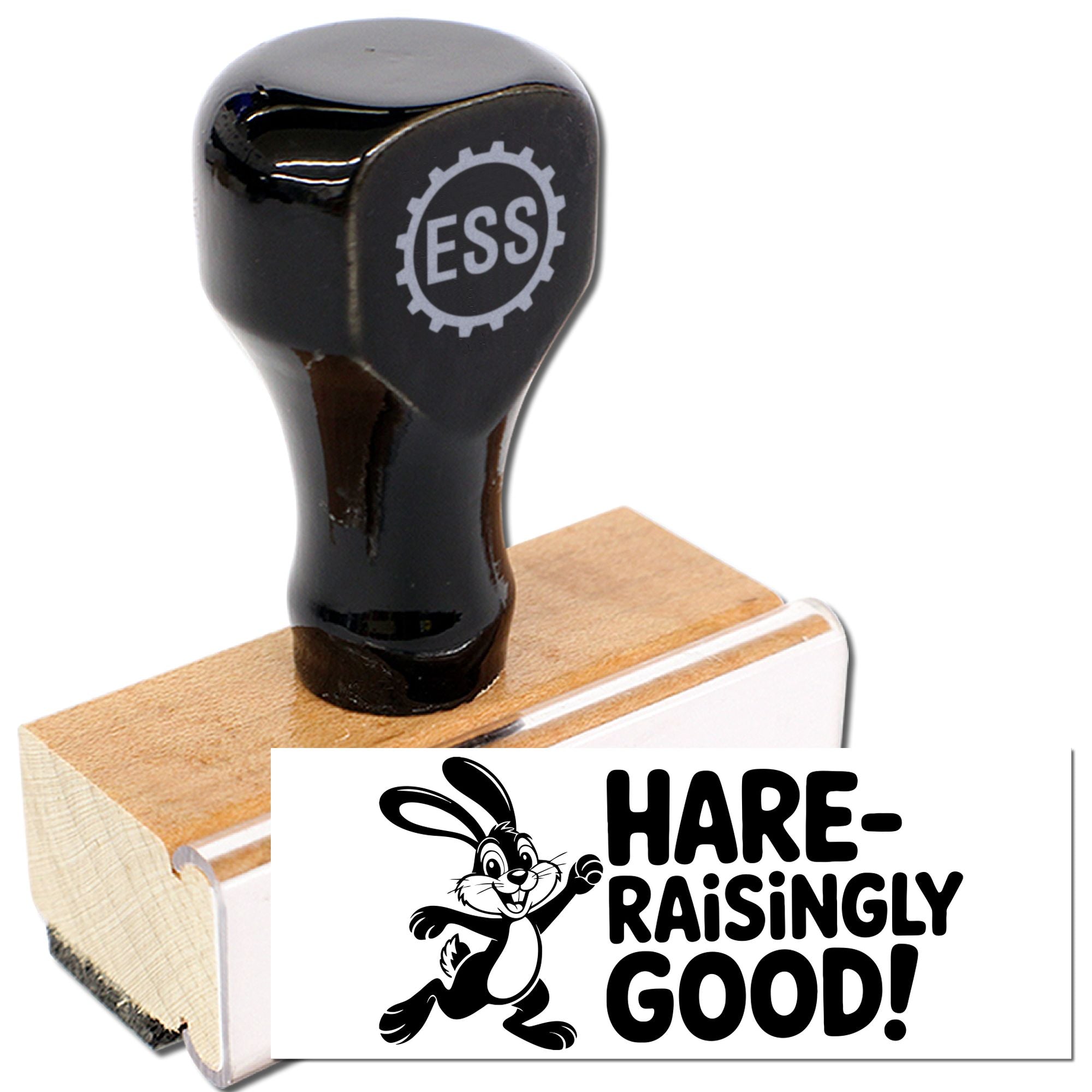 Black rubber stamp and seal on wooden block with rabbit graphic and HARE-RAISINGLY GOOD! text