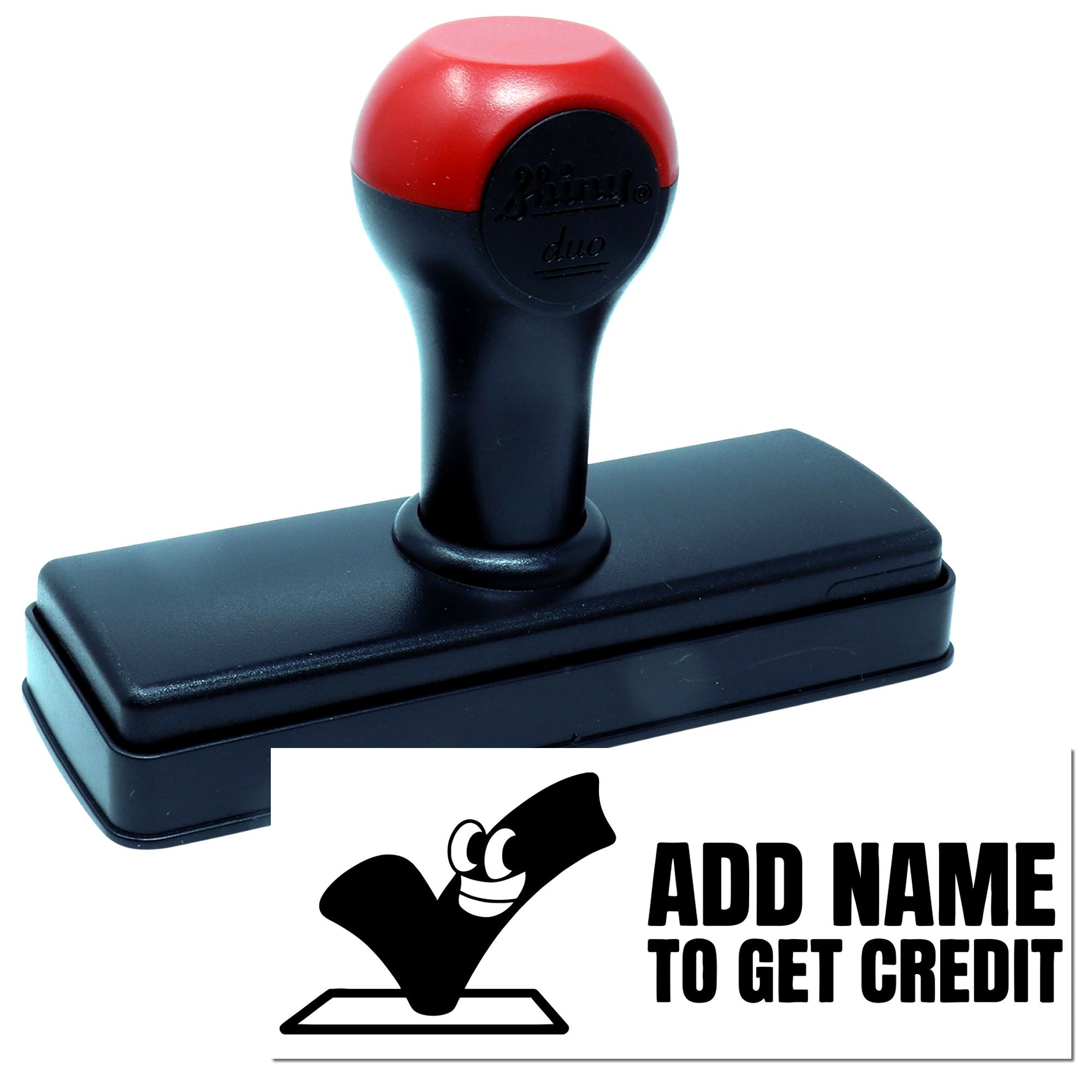 Red and black self-inking rubber stamp seal with custom name area and Add Name to Get Credit branding.