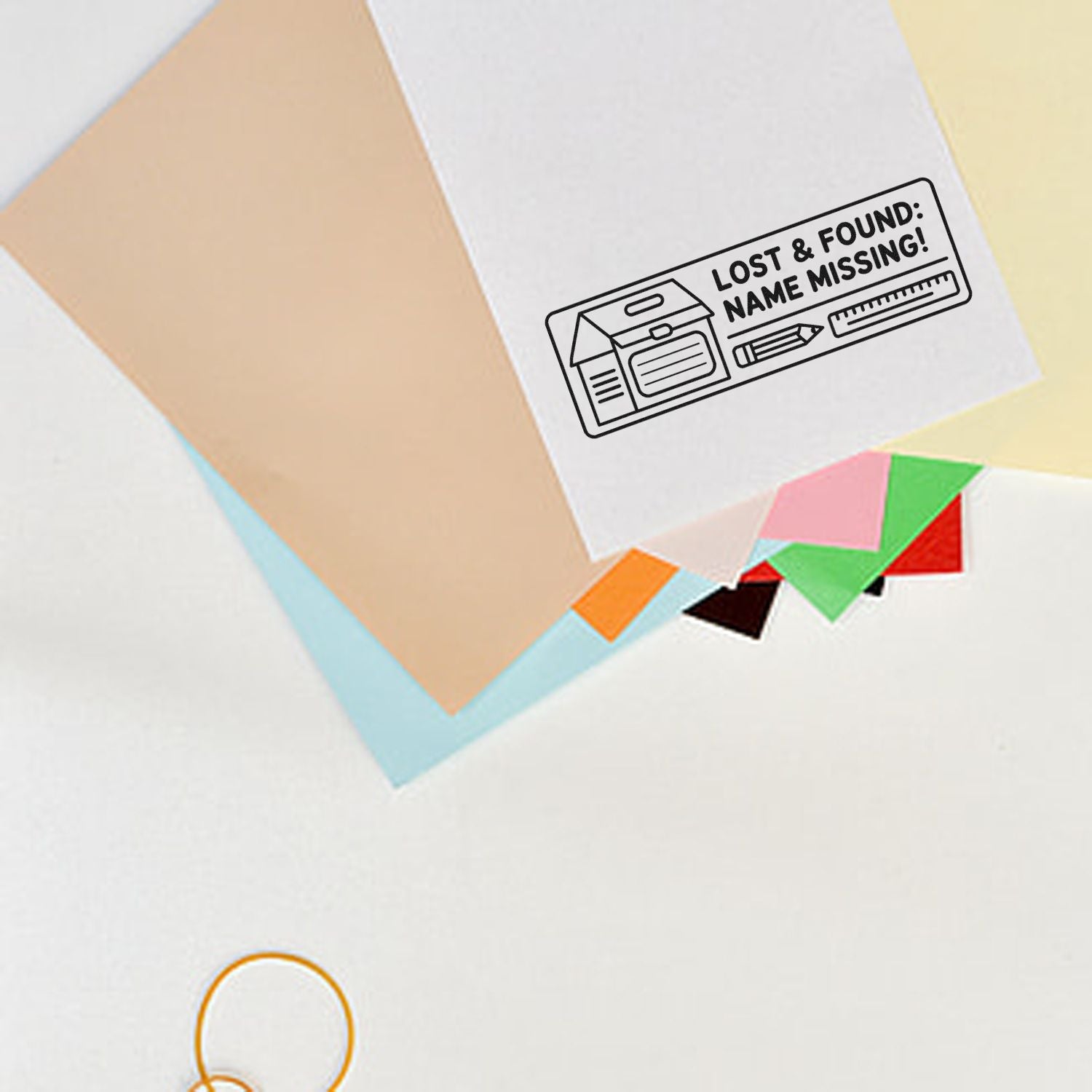 Black lost-and-found name stamp seal on white paper, with colorful paper sheets and school supply icons.
