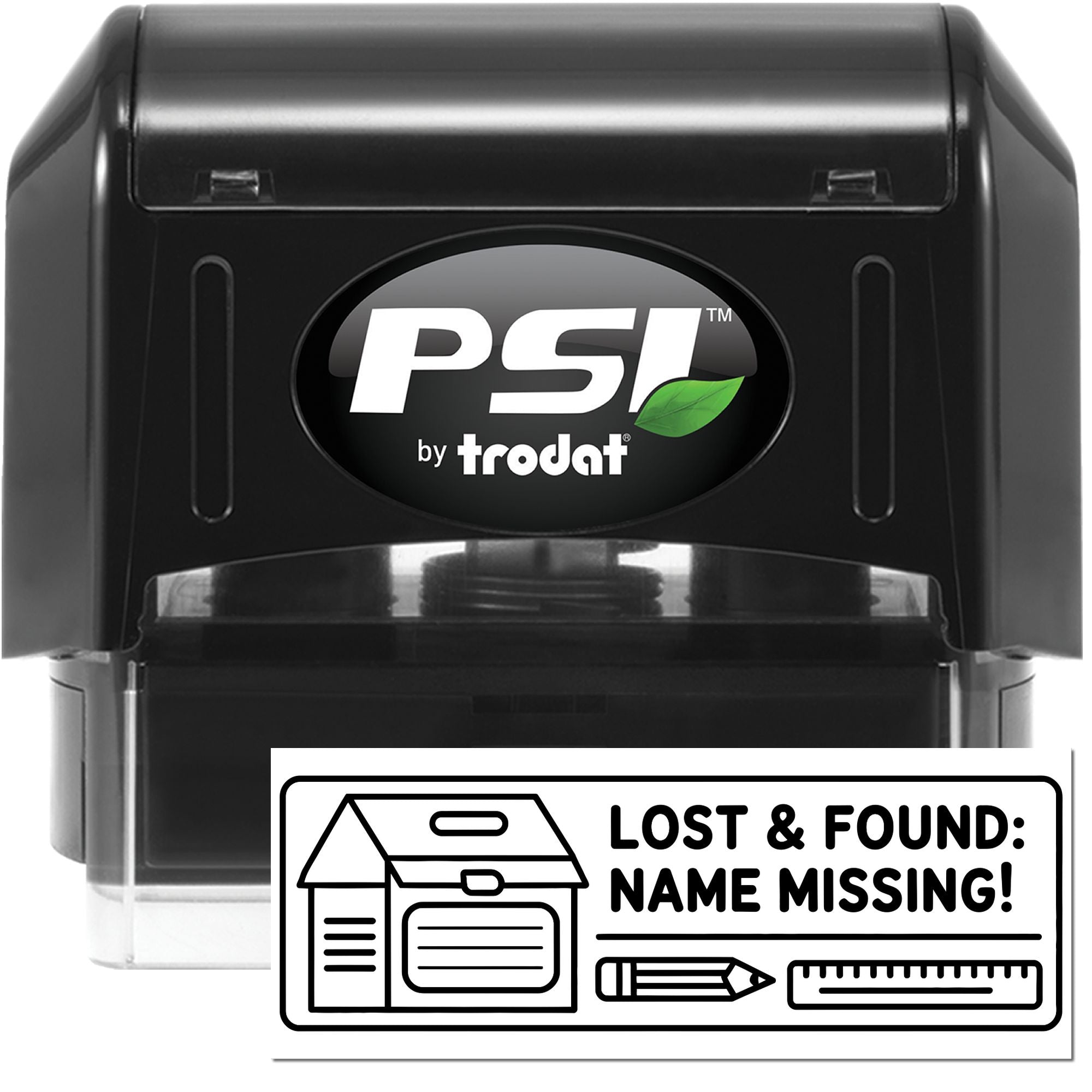 Black PSI by Trodat self-inking stamp and lost-and-found name missing seal with white label, pencil, ruler graphic.