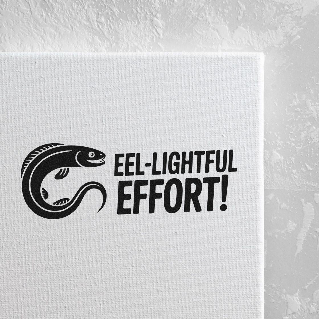 Black custom stamp seal featuring an eel and Eel-lightful effort! on white textured canvas