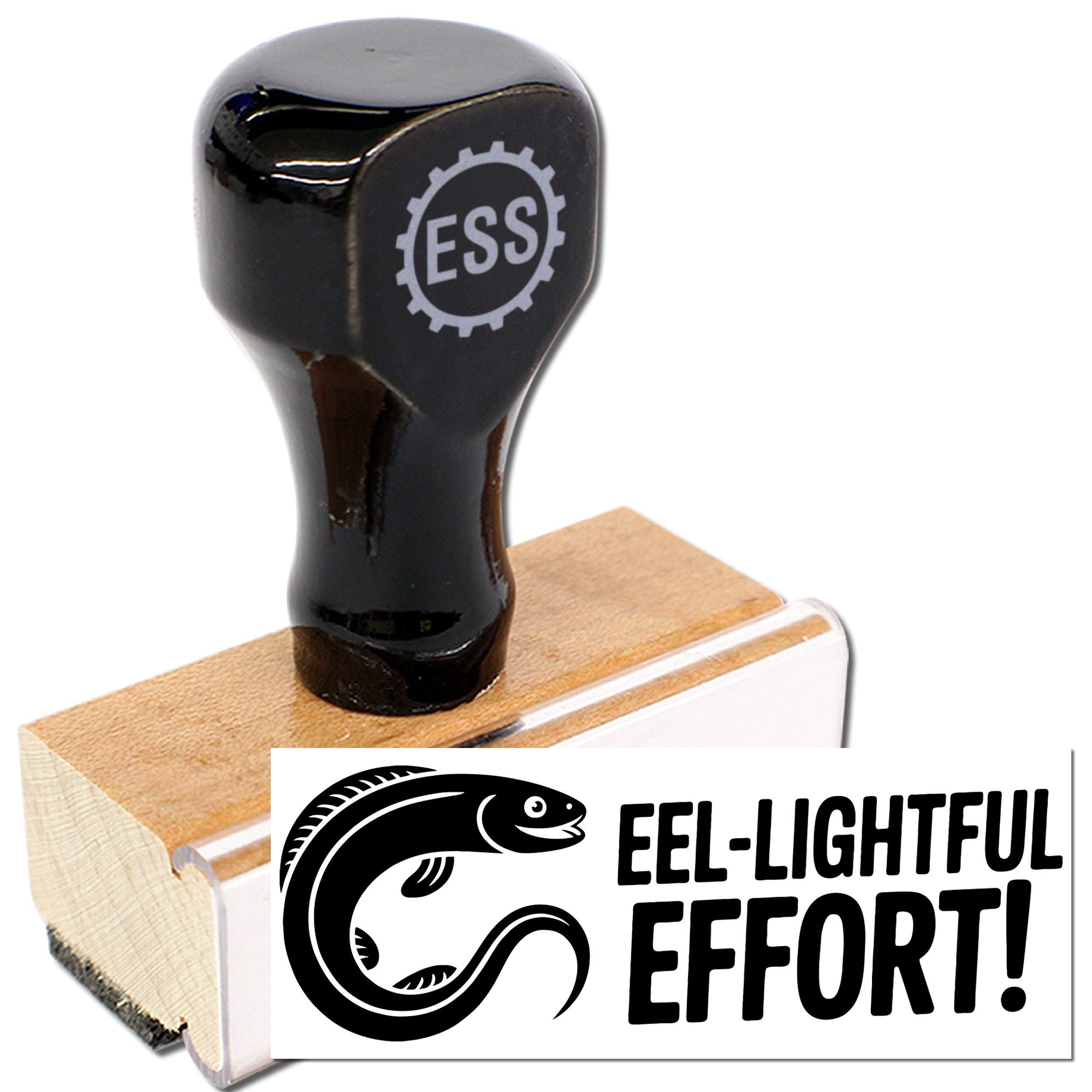 Black stamp and seal with ESS gear logo, wooden base, and white card reading EEL-LIGHTFUL EFFORT! with fish graphic.