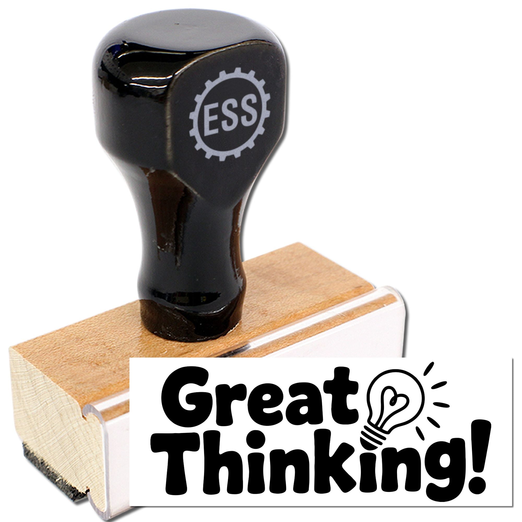 Black ESS rubber stamp and seal with wooden base, showing a bold Great Thinking! design on white.