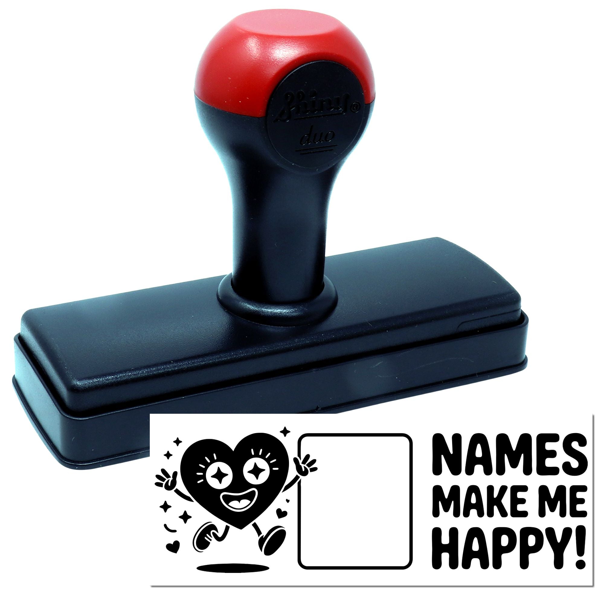 Red-and-black self-inking stamp with heart design and bold Names Make Me Happy! text on white seal plate.