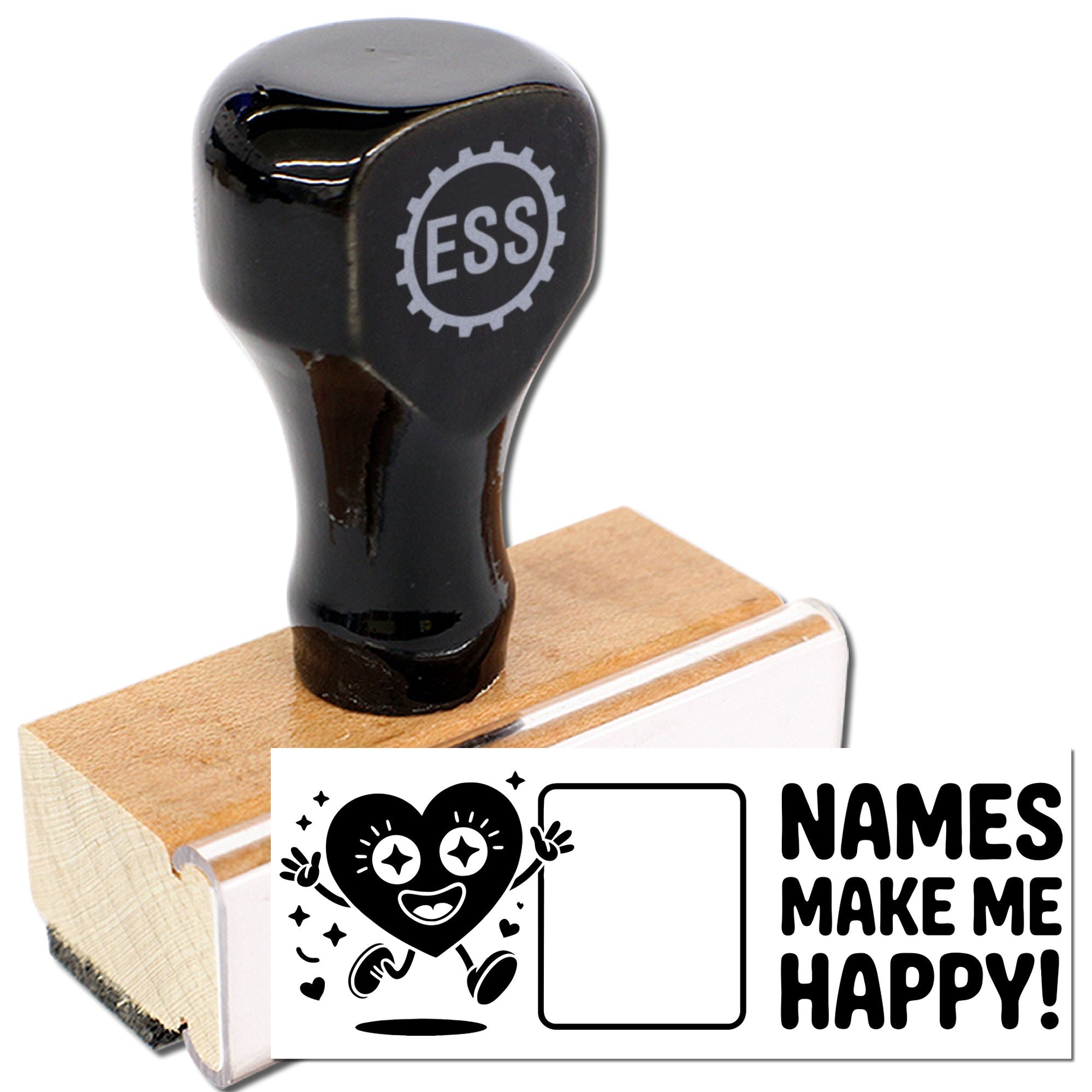Black rubber stamp and wooden seal block with Names Make Me Happy! design, heart character, and white background.