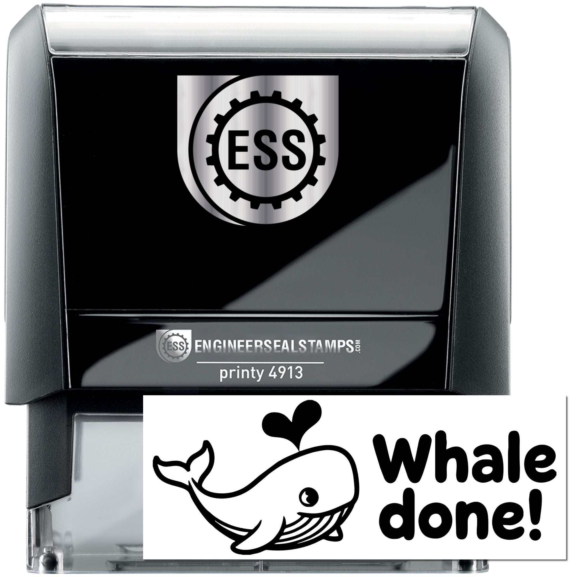 Black self-inking engineer stamp and seal with silver ESS logo and white whale done! design