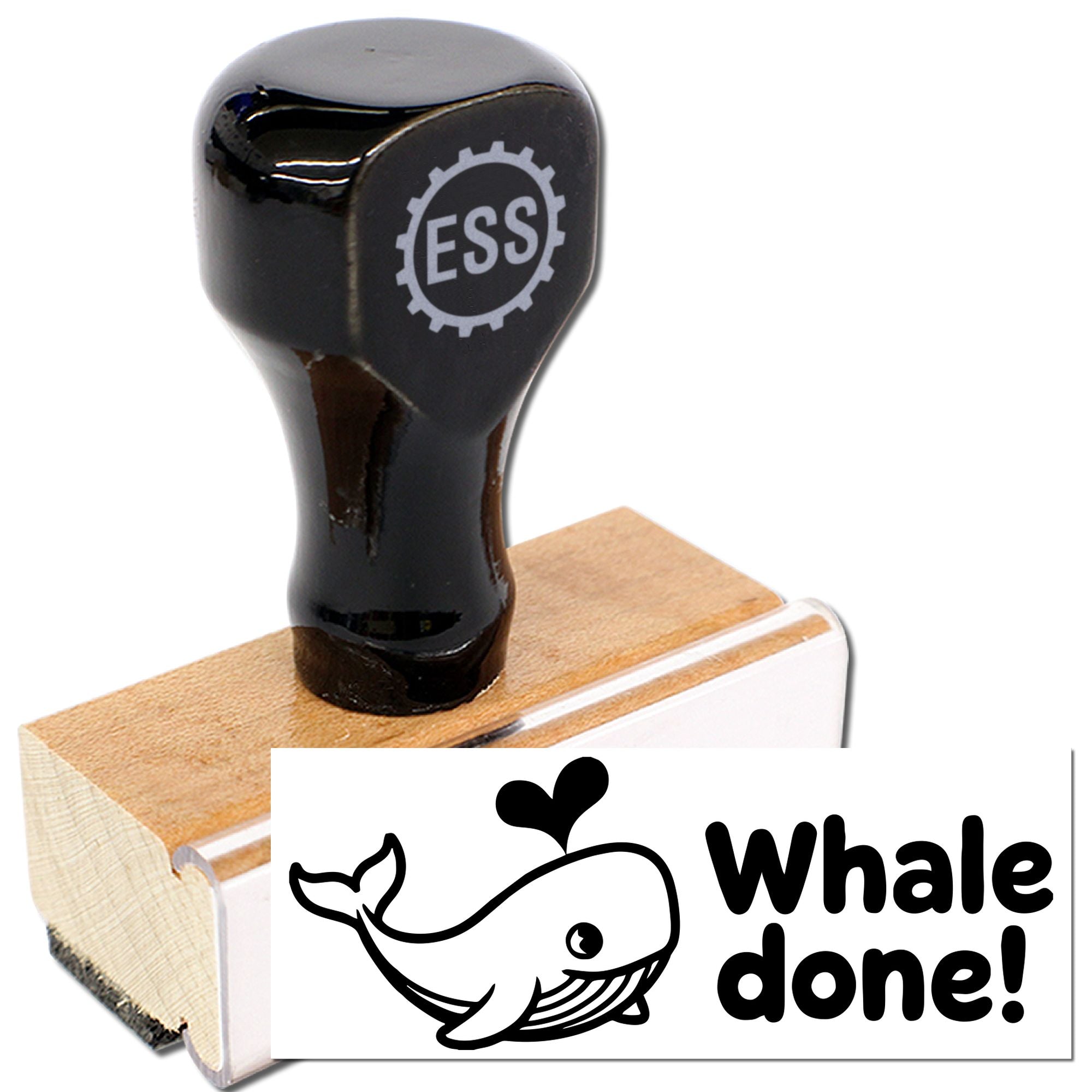 Black ESS custom rubber stamp and seal on wood base, imprinting a whale graphic and Whale done! in black on white.