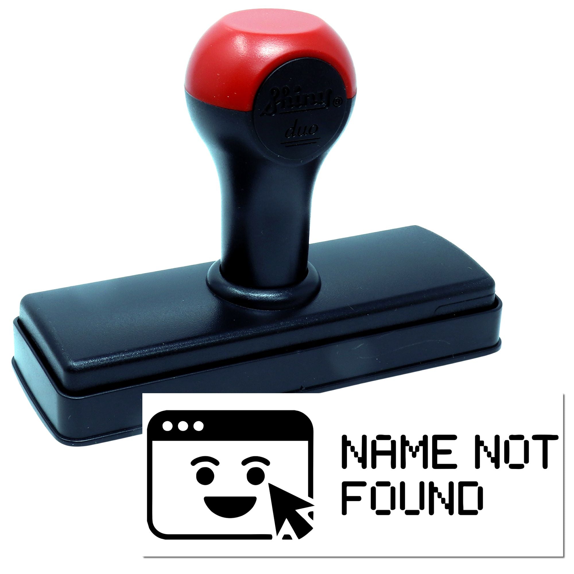 Red and black self-inking name stamp with rectangular black seal and Name Not Found graphic